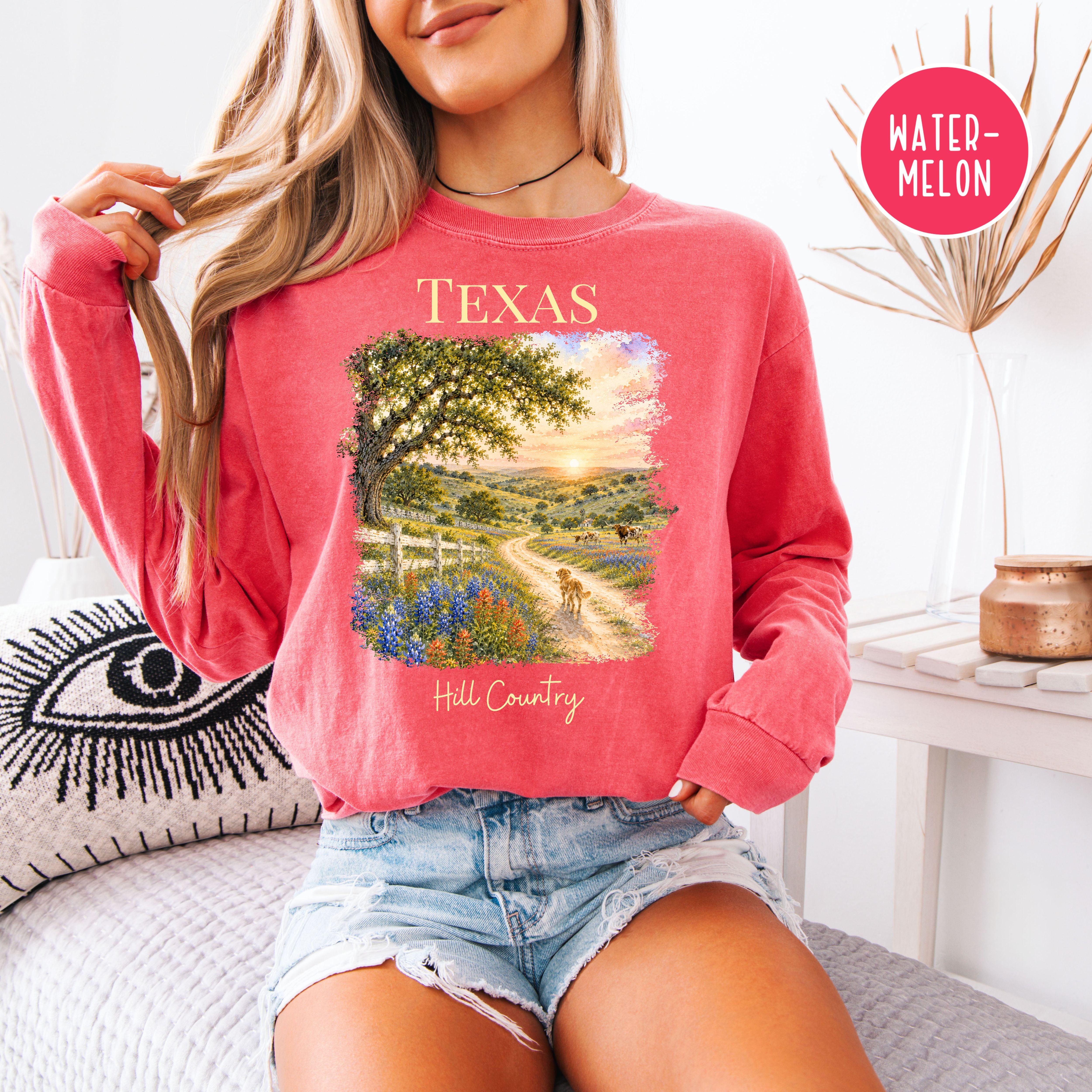 Texas Hill Country Long Sleeve Comfort Colors T-Shirt, Texas Vacation Shirt, Texas Gift Shirt, Texas Travel Gift, Texas Blue Bonnets Shirt