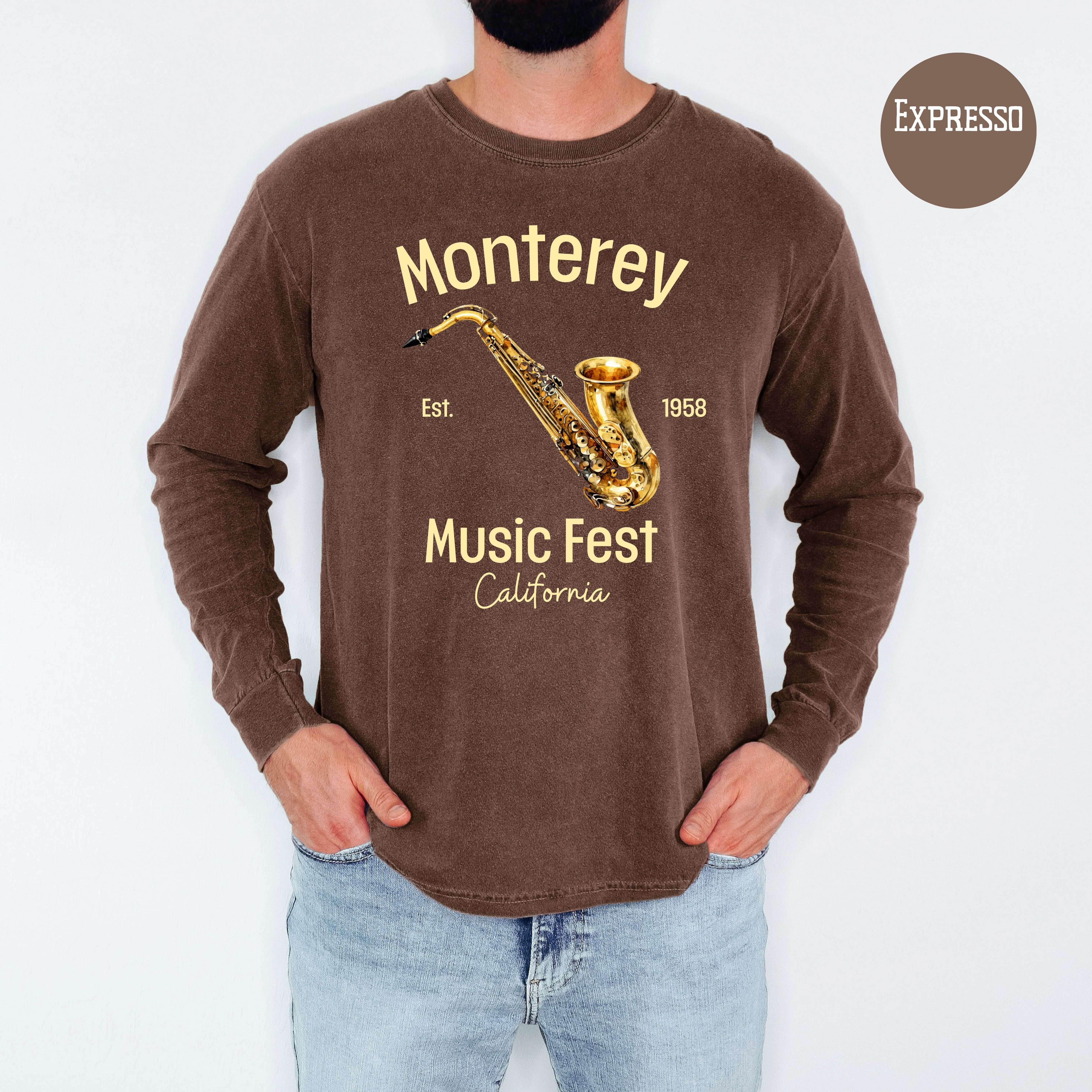 Monterey California Music Fest Unisex Long Sleeve Comfort Colors T-Shirt, Saxophone Player Shirt, Music Lover Gift, Monterey Gift Shirt