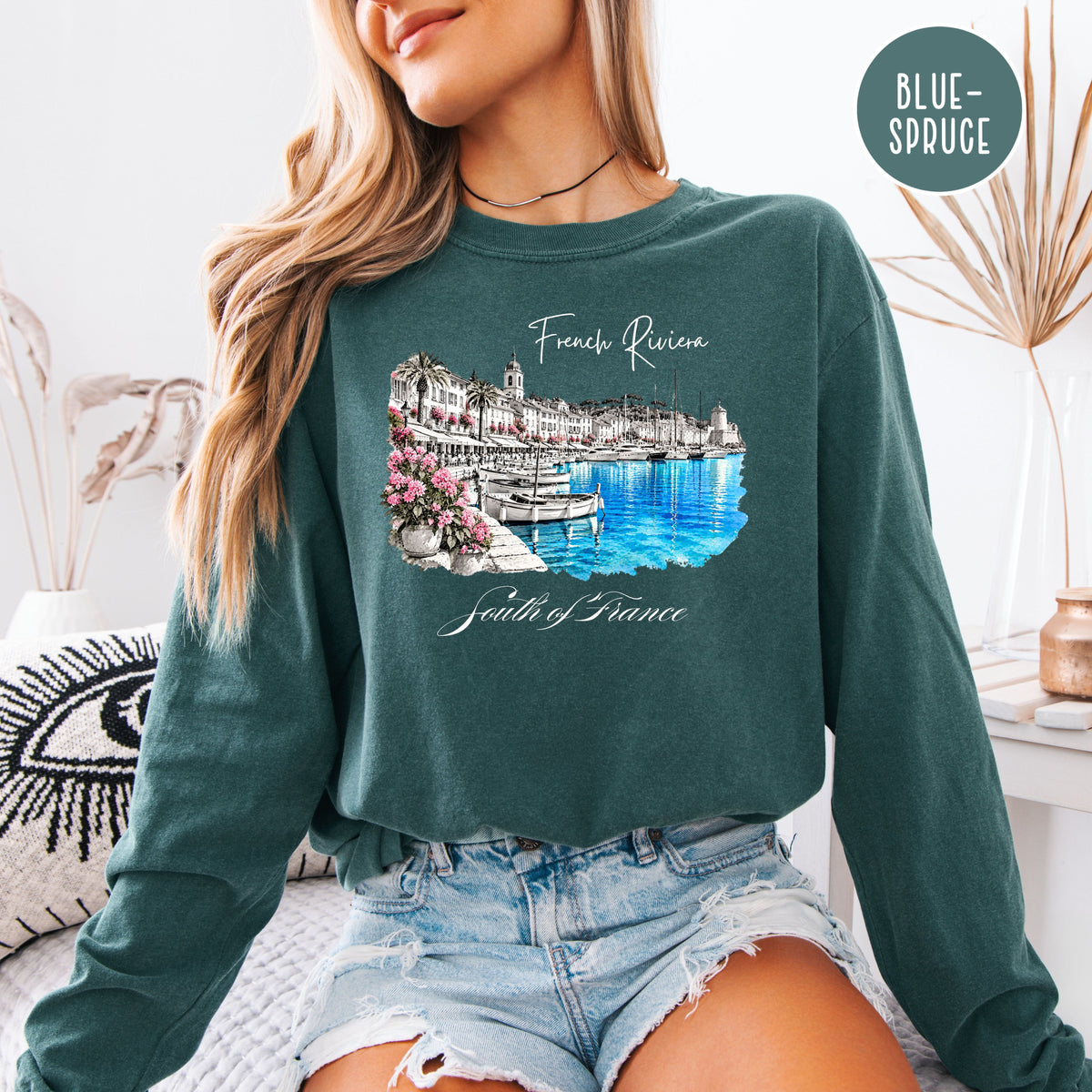 French Riviera Long Sleeve Comfort Colors Tee, South of France Vacation Gift, Mediterranean Coast Shirt, Cote d'Azur Gift, France Gift Shirt