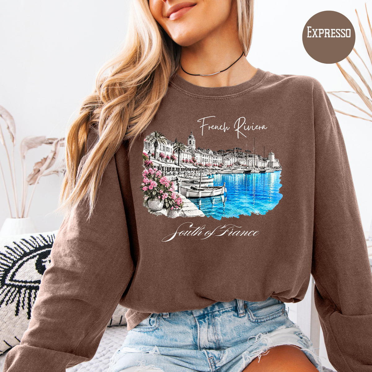 French Riviera Long Sleeve Comfort Colors Tee, South of France Vacation Gift, Mediterranean Coast Shirt, Cote d'Azur Gift, France Gift Shirt