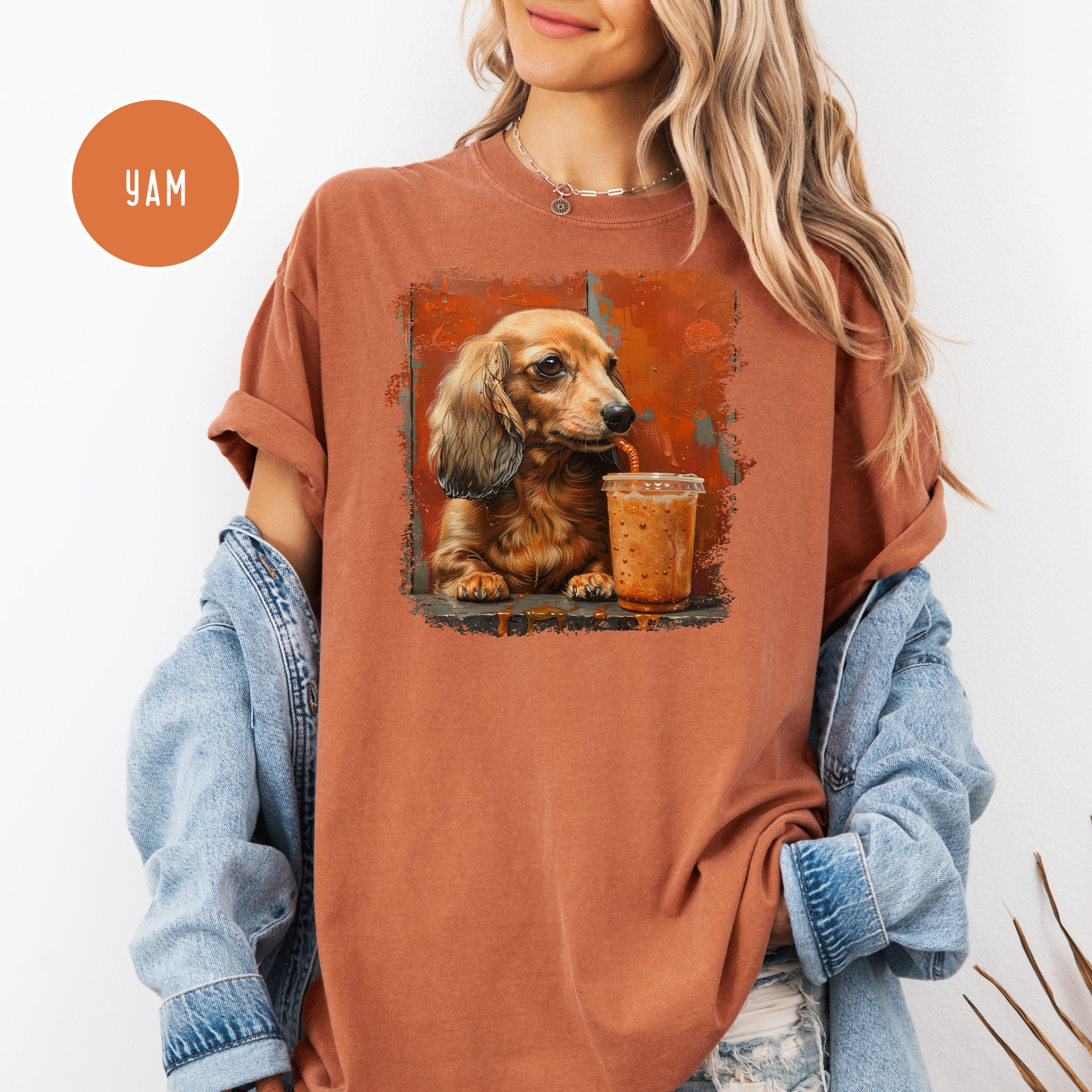 Dachshund Lover Comfort Colors T-Shirt, Doxie Mama Shirt, Dachshund Drinking Coffee, Dog Lover Art, Wiener Dog Shirt, Sausage Dog Gift