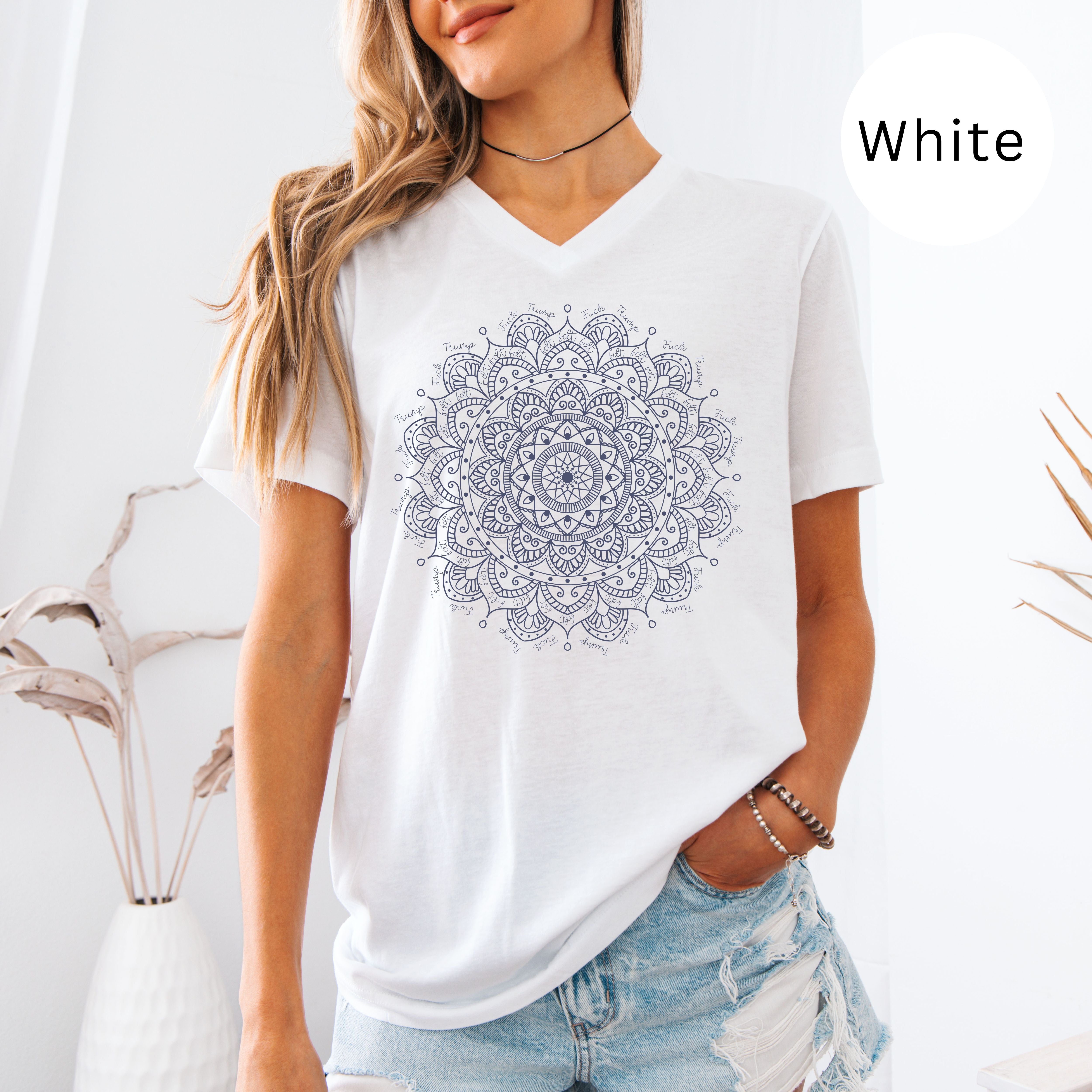 Subtle Fuck Trump and FDT Interlaced Into Intricate Mandala Design Ladies V-Neck Tee
