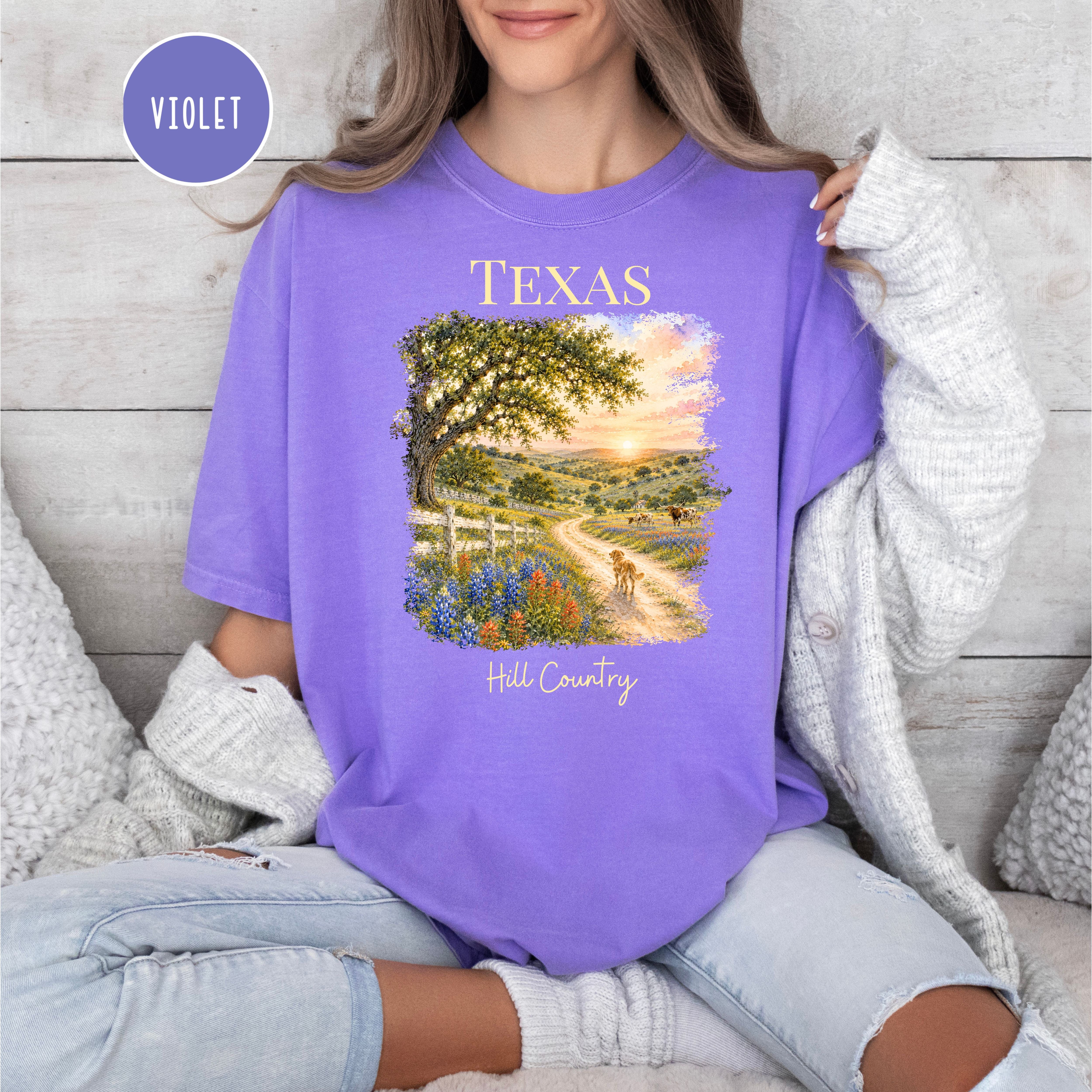 Texas Hill Country Comfort Colors T-Shirt, Texas Vacation Gift Shirt, Texas Travel Shirt, Texas Gift Shirt, Texas Blue Bonnets, Traveler Tee
