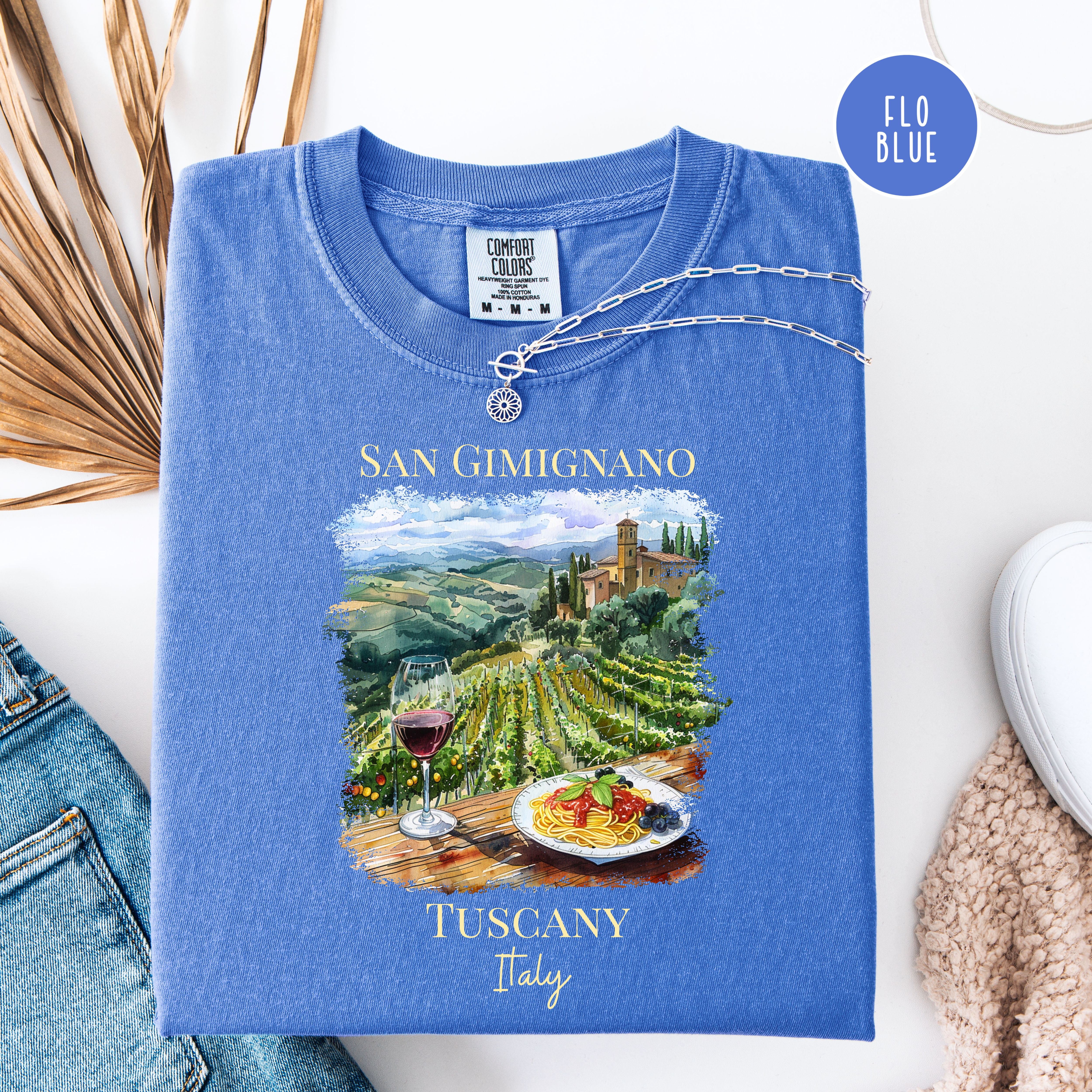 Wine and Pasta in San Gimignano Tuscany Vineyard Italy Comfort Colors Vacation Gift Tee