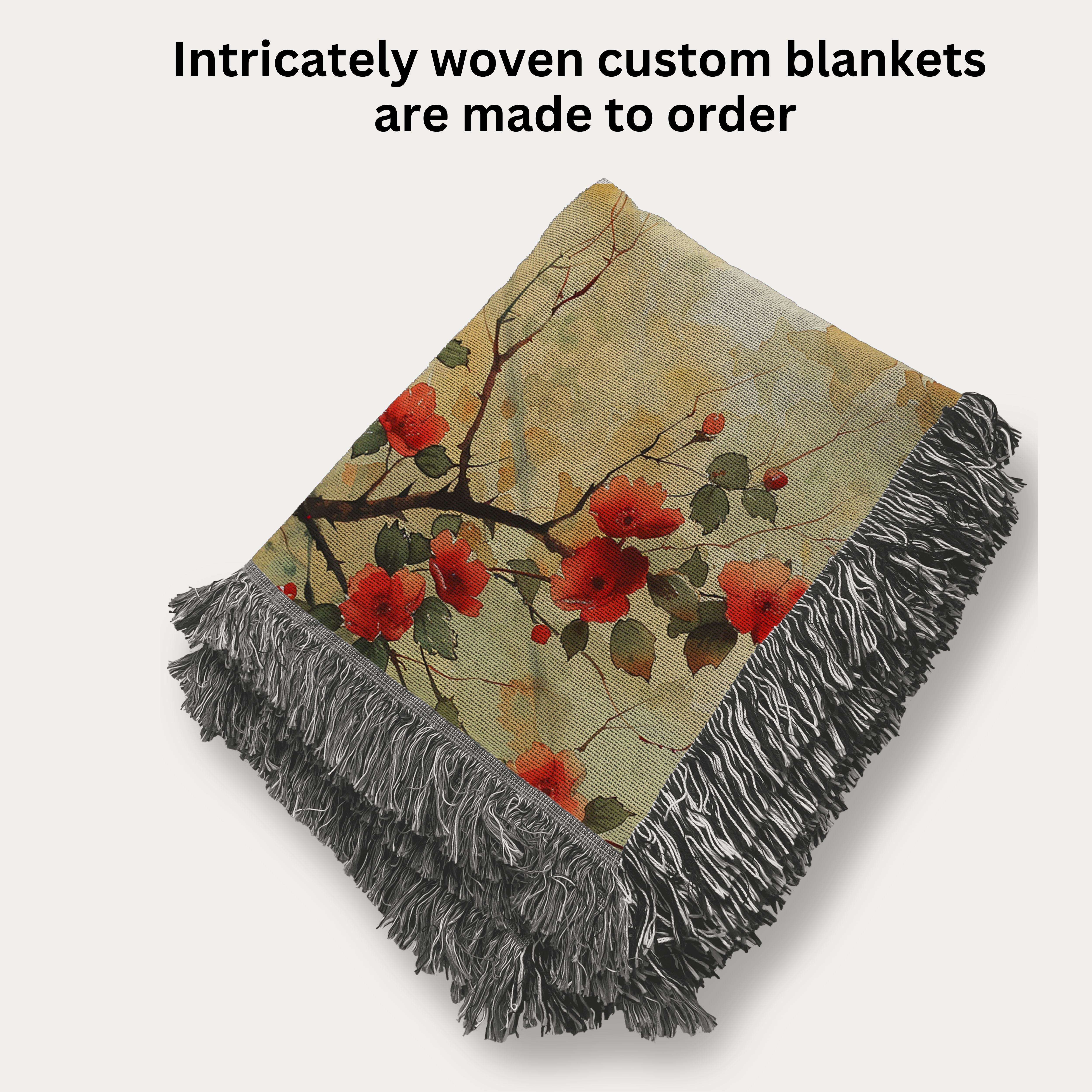 Soft Wispy Red Flowers on Branches Woven Throw Blanket