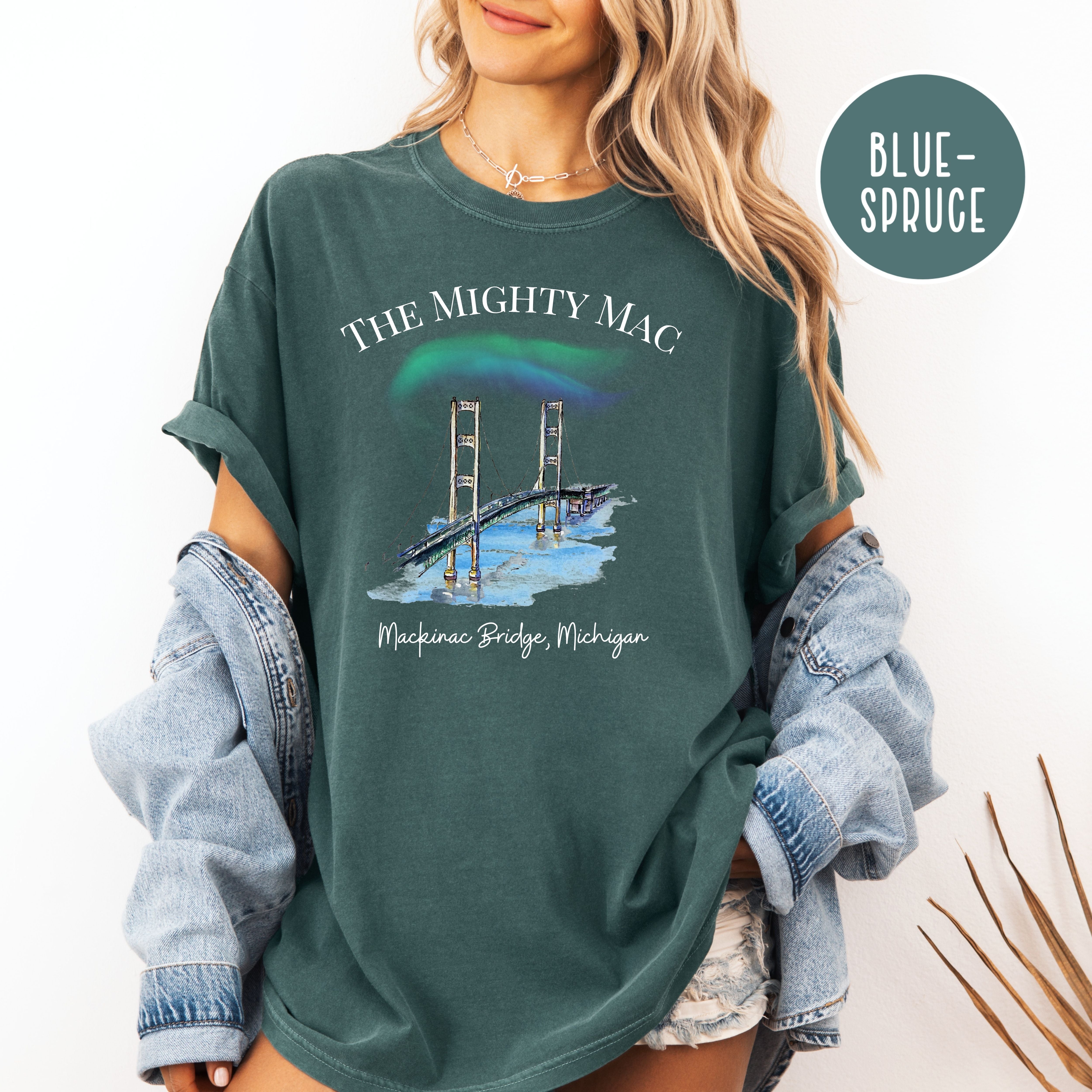 The Mighty Mac Mackinac Bridge Michigan with Northern Lights Comfort Colors Tee Shirt by CindylboutiqueShop.com
