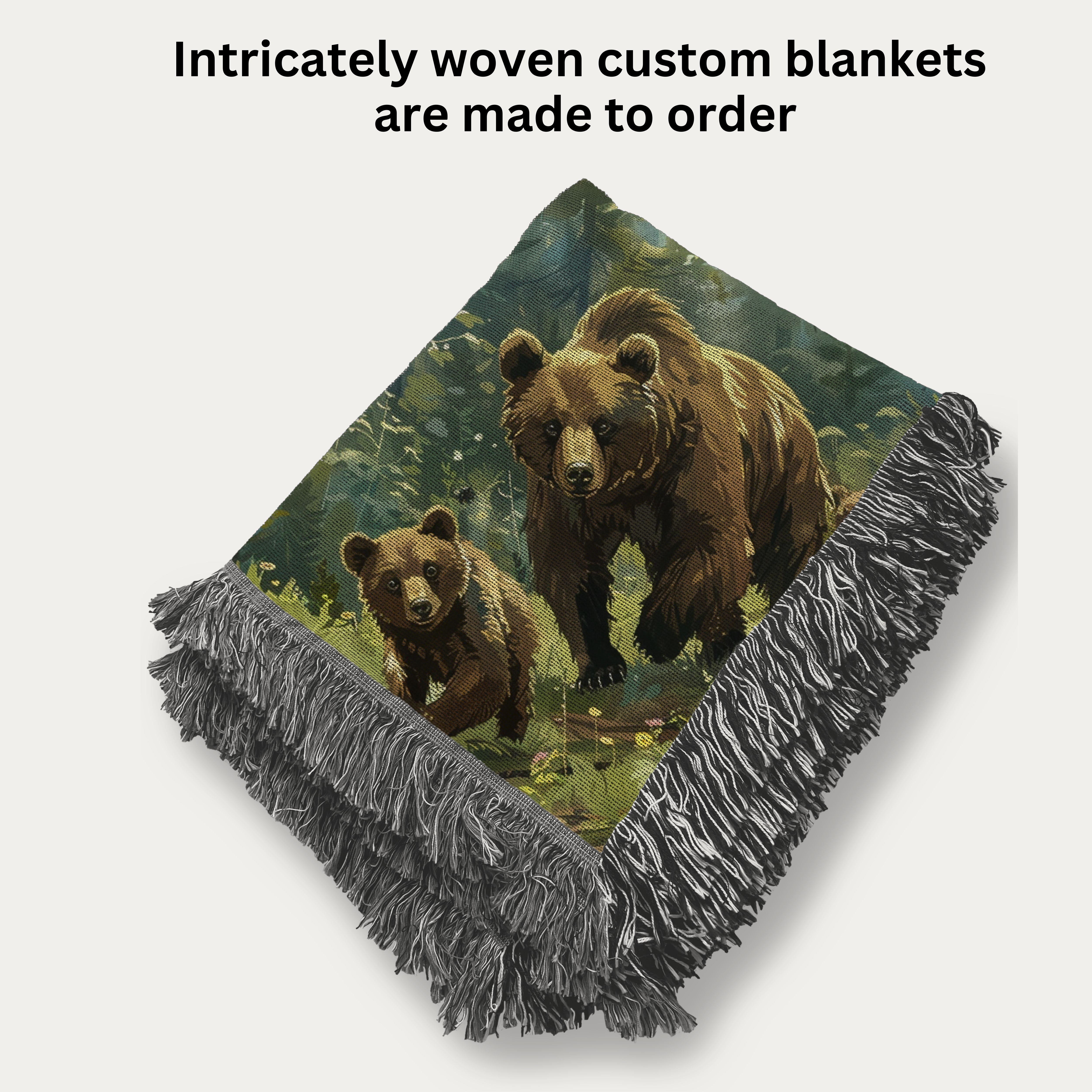 Mama Bear With Cubs In The Forest Woven Throw Blanket