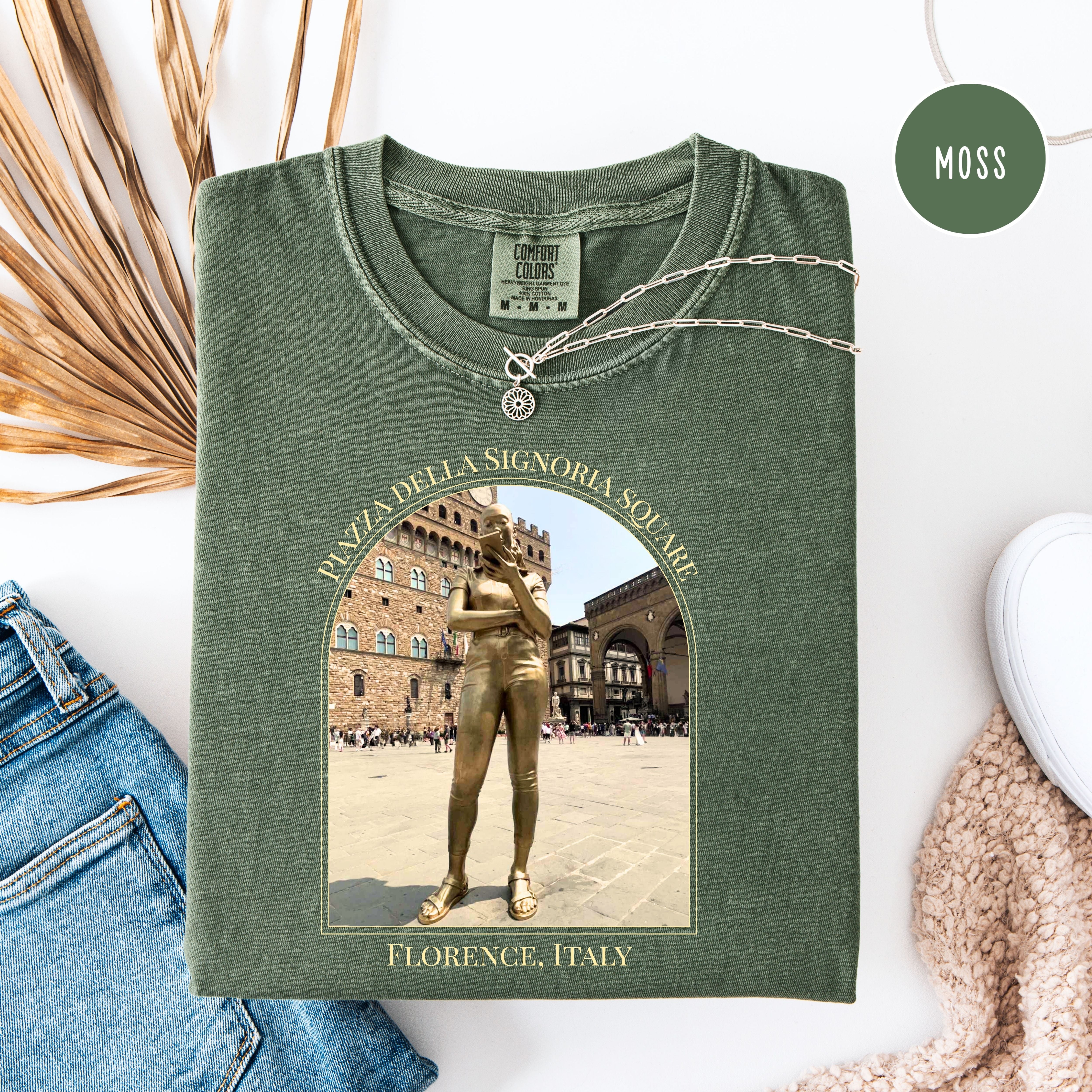 Florence Italy Golden IPhone Girl in Piazza della Signoria Square Comfort Colors Vacation Tee