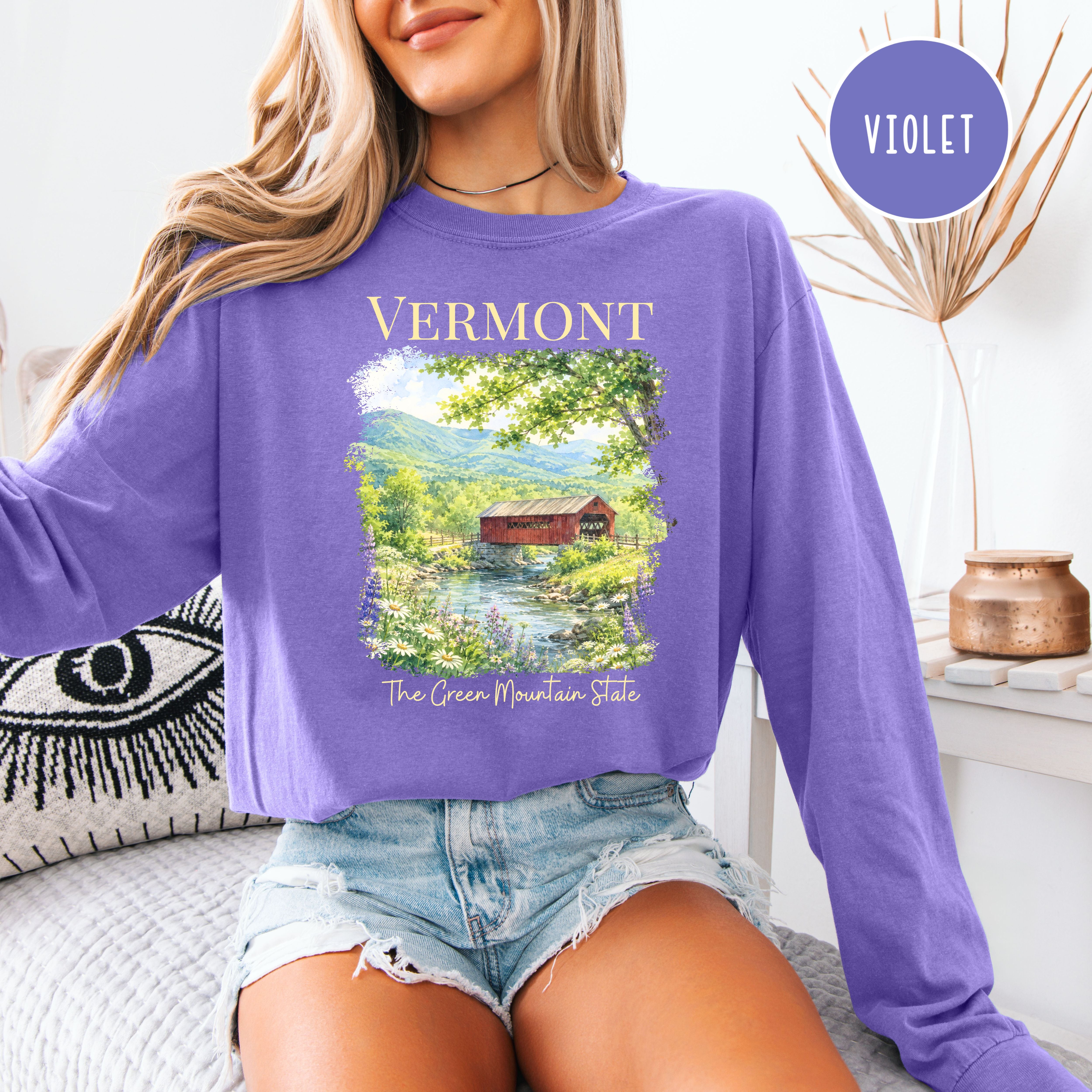 Vermont Long Sleeve Comfort Colors Vacation Gift Tee Shirt, Red Covered Bridge Vermont Shirt, Vermont Travel Gift, The Green Mountain State