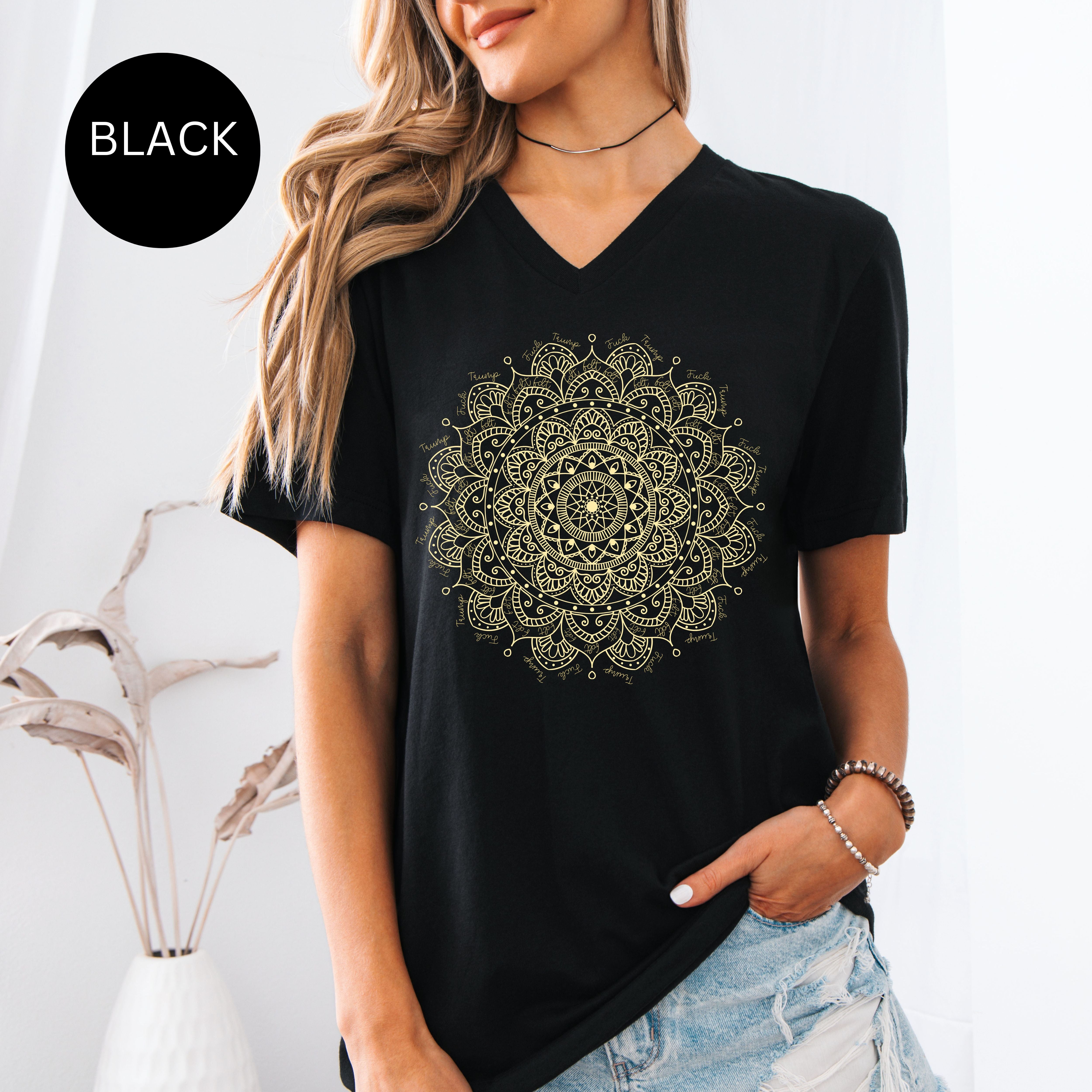 Subtle Fuck Trump and FDT Interlaced Into Intricate Mandala Design Ladies V-Neck Tee