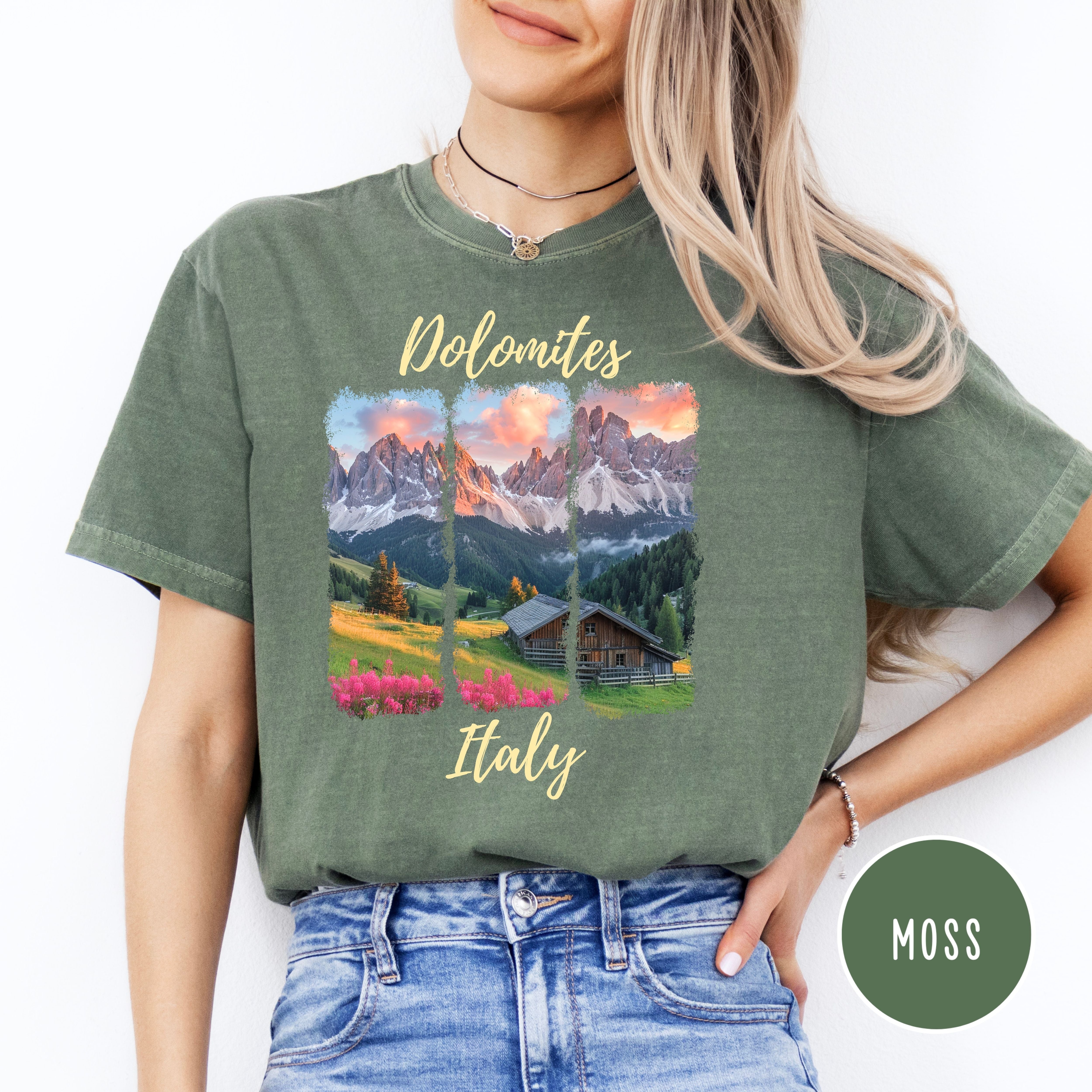 The Dolomites at Sunrise over Italian Village Comfort Colors® Tee