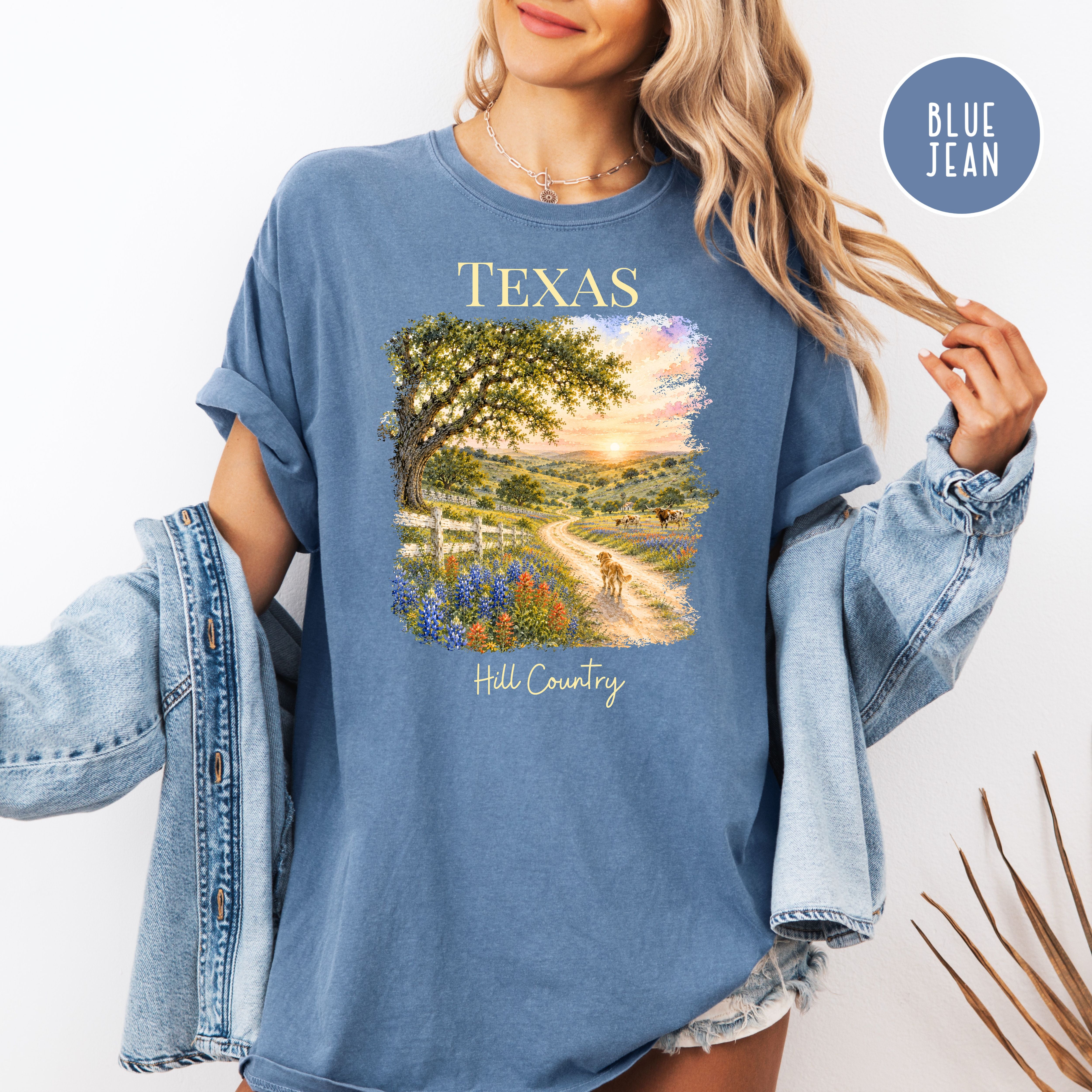 Texas Hill Country Comfort Colors T-Shirt, Texas Vacation Gift Shirt, Texas Travel Shirt, Texas Gift Shirt, Texas Blue Bonnets, Traveler Tee