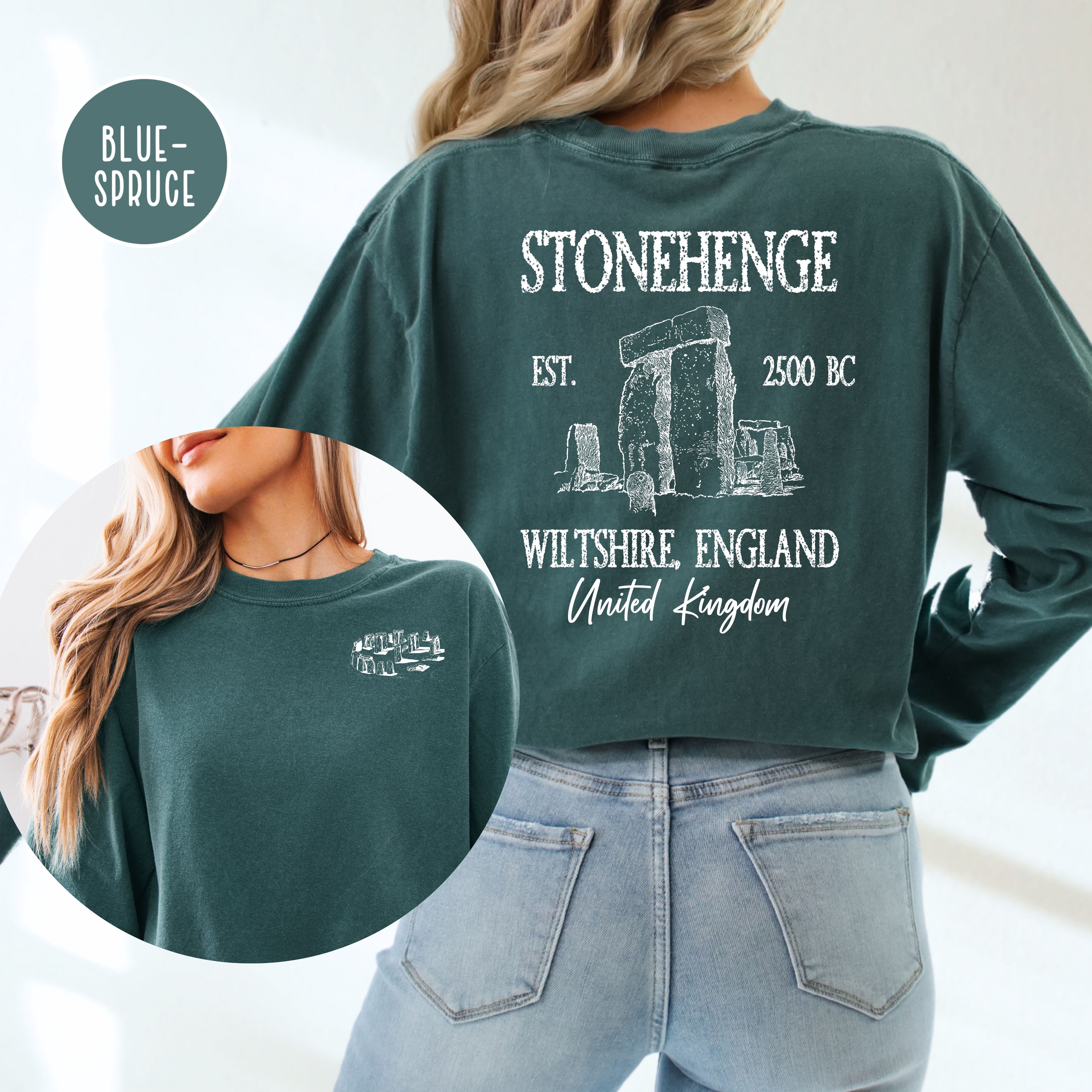 Stonehenge England Grunge Comfort Colors Long Sleeve Tee Design Front & Back