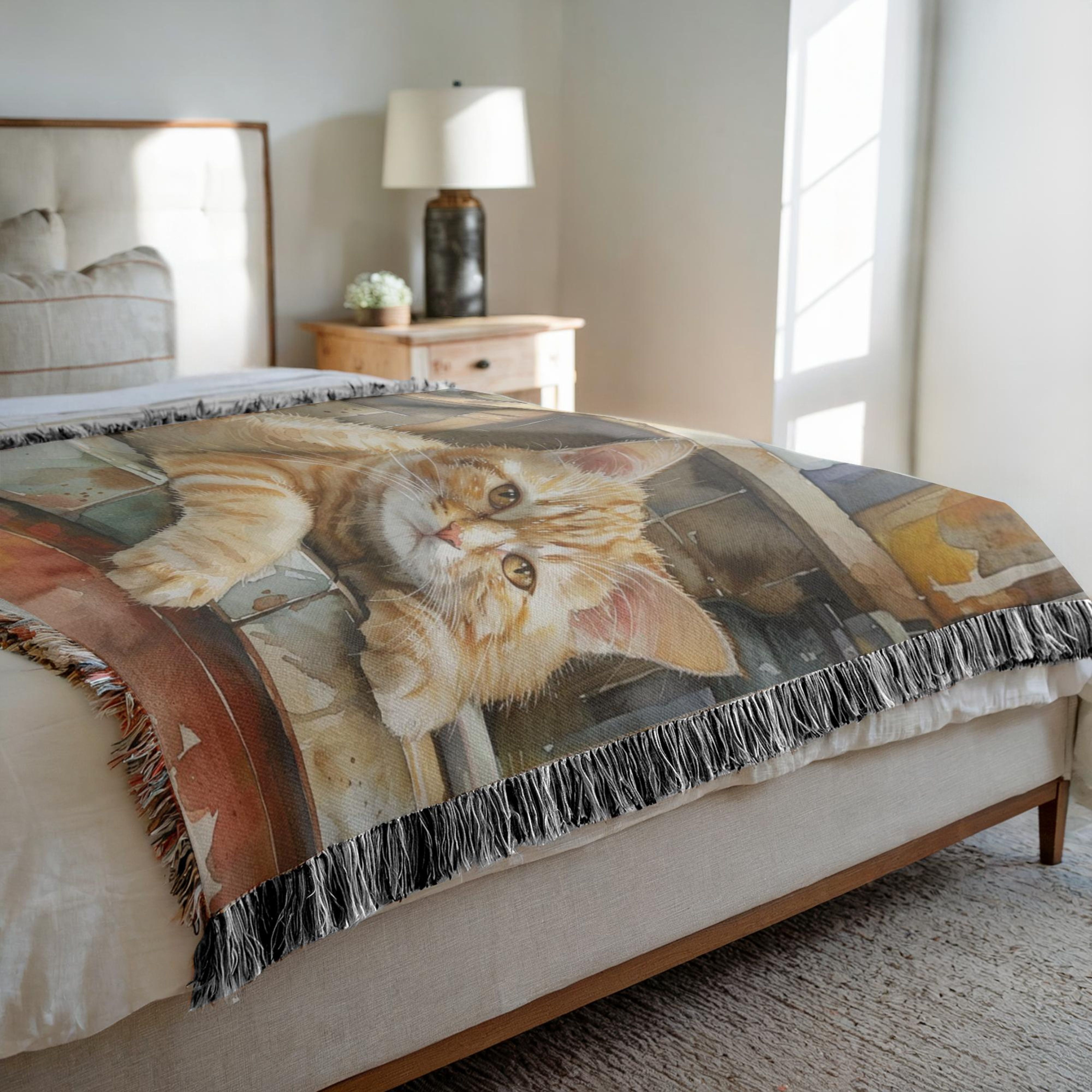Cat Taking Catnap on Counter Woven Throw Blanket Gift for Cat Lover