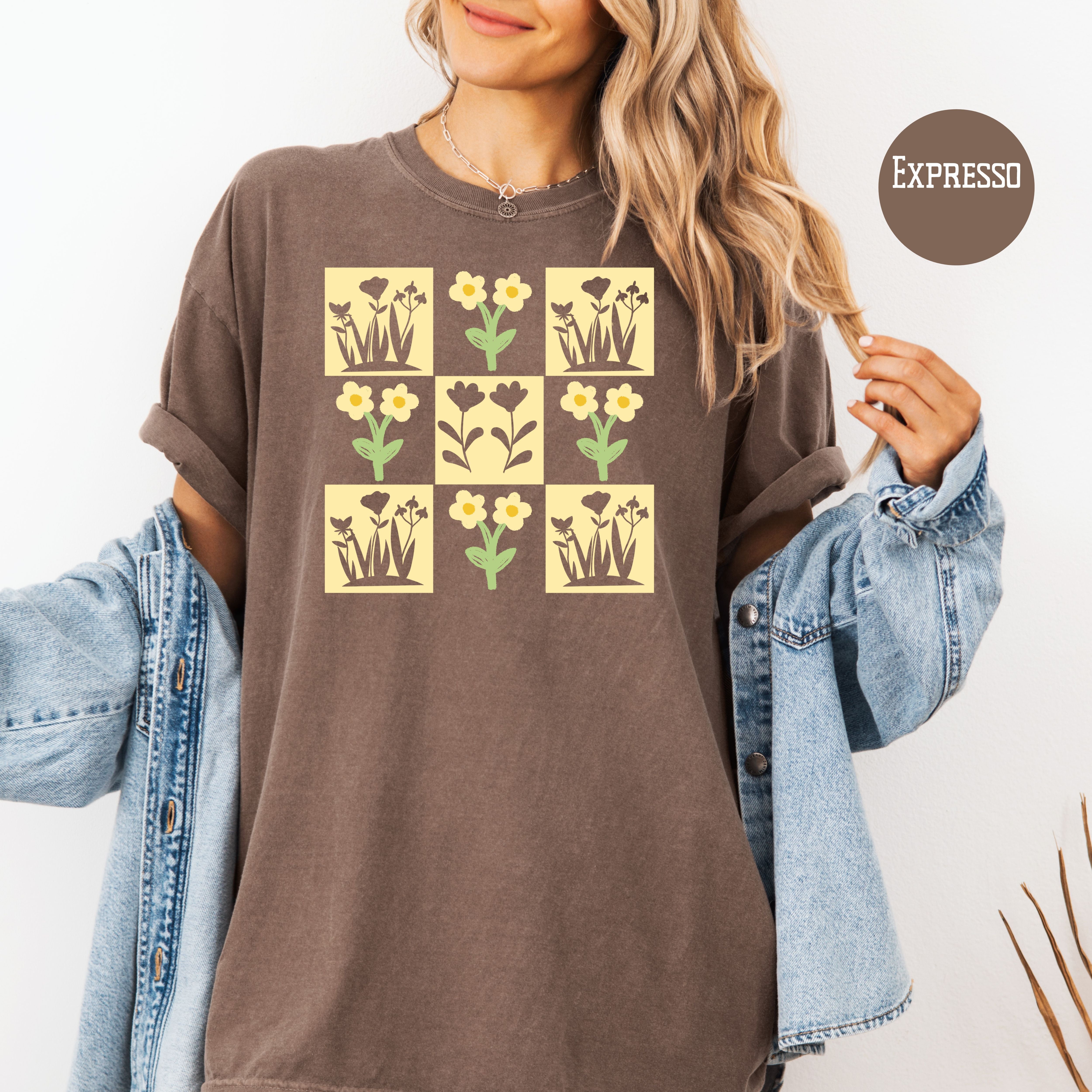 Flower Lover Gift Shirt, Flower Checkerboard Grid Comfort Colors Gift for Garden Lover