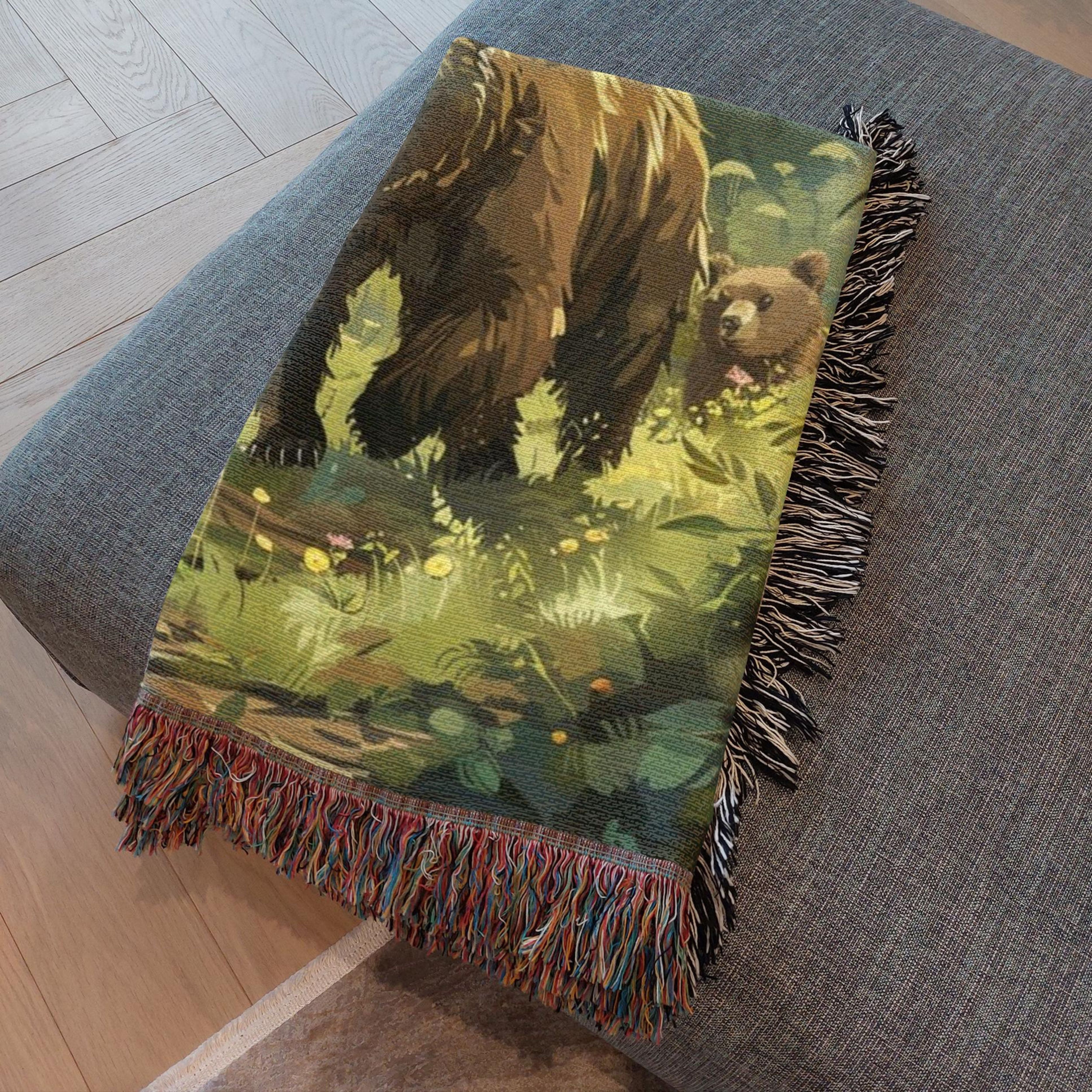 Mama Bear With Cubs In The Forest Woven Throw Blanket
