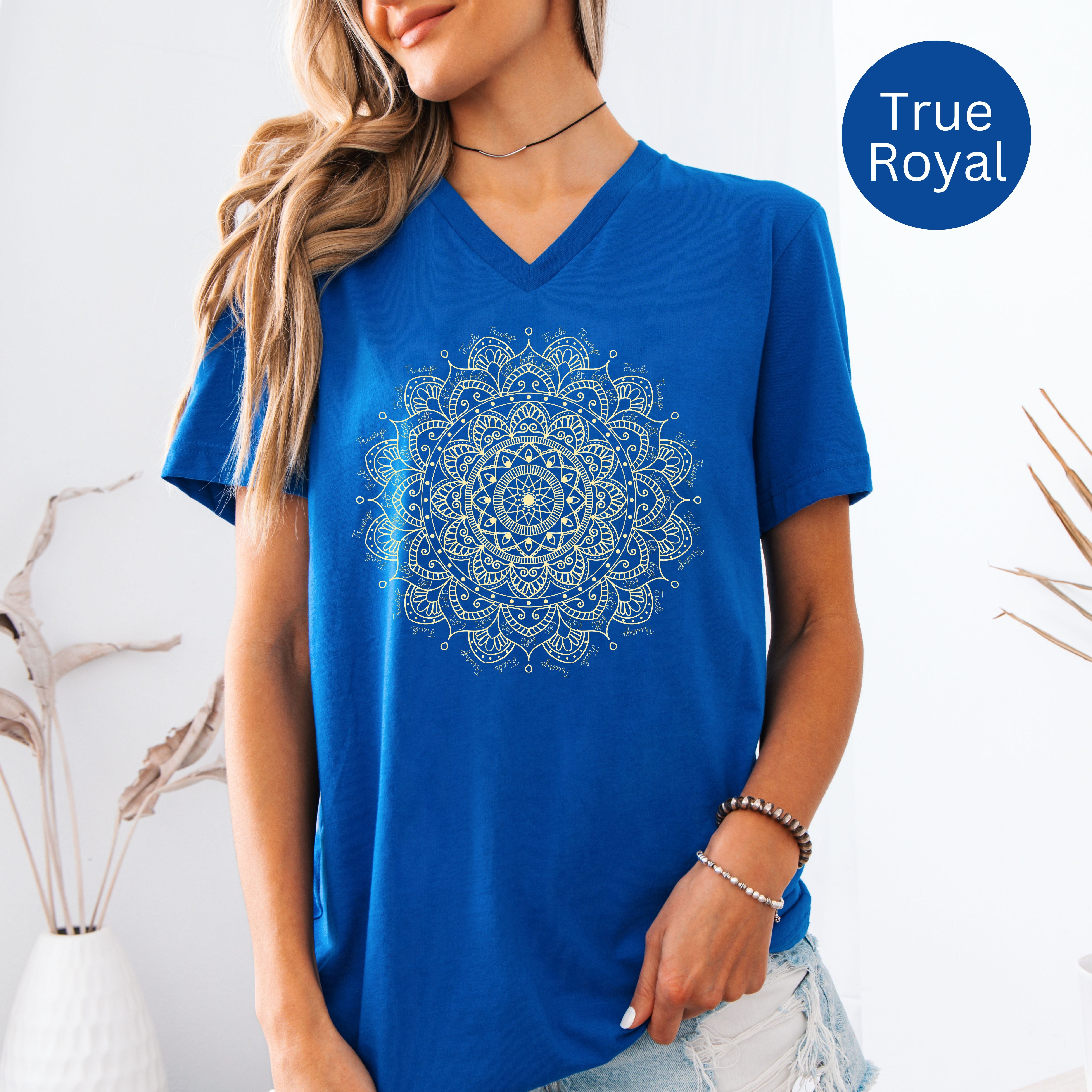 Subtle Fuck Trump and FDT Interlaced Into Intricate Mandala Design Ladies V-Neck Tee