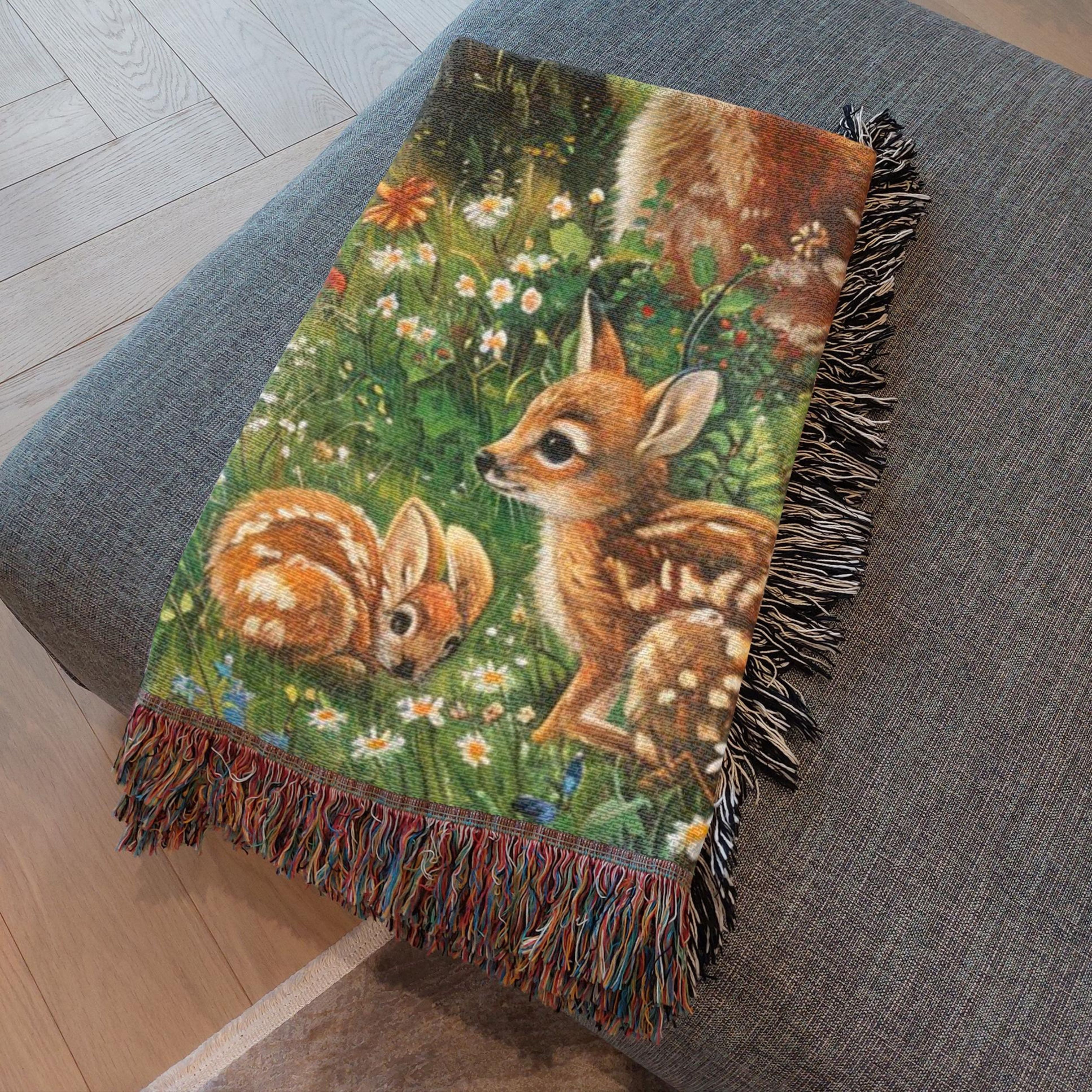 Fawns Playing in the Woods Woven Throw Blanket