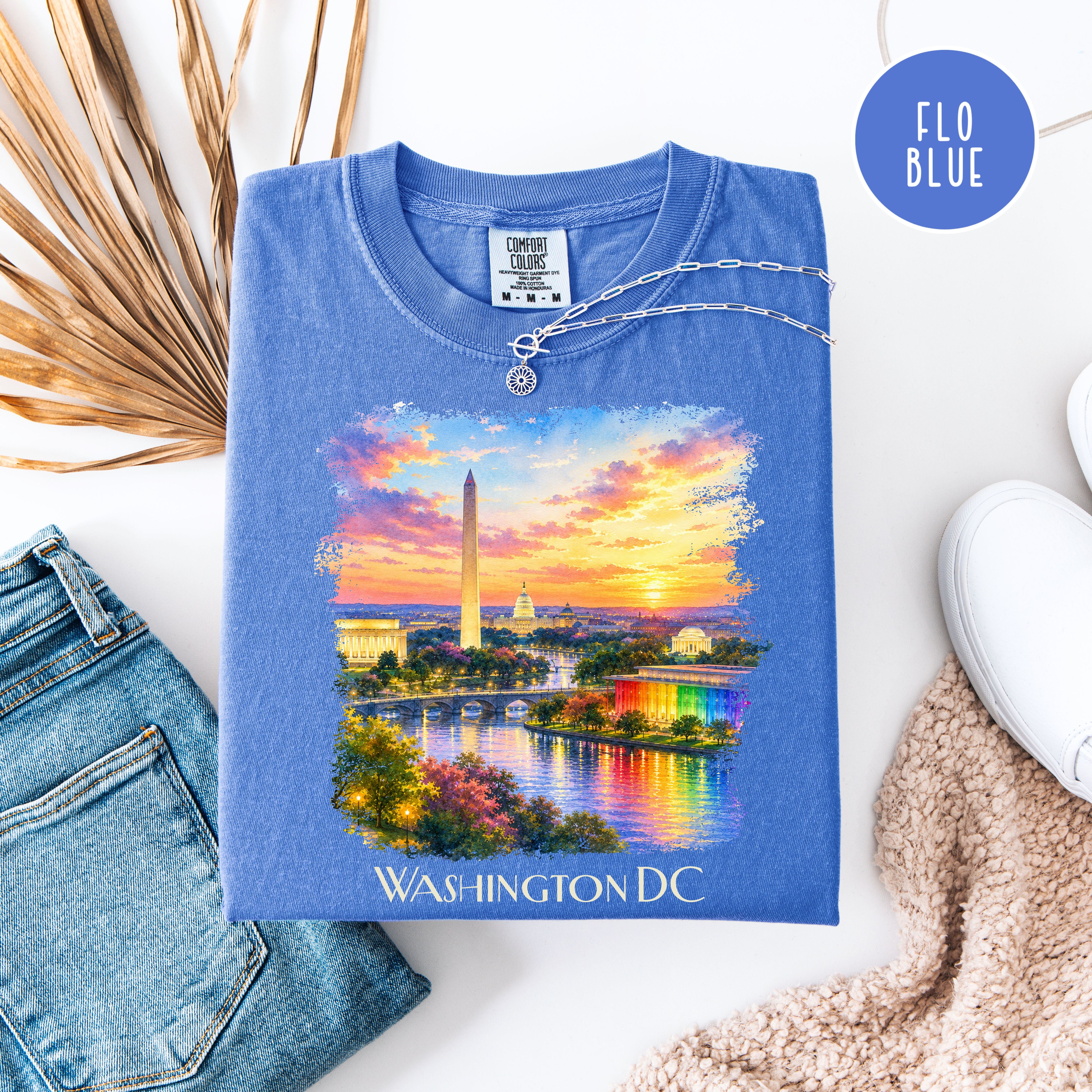 Washington DC at Sunset, Kennedy Center and Washington Monuments Unisex Comfort Colors T-Shirt, Kennedy Center for Pride Washington Travel