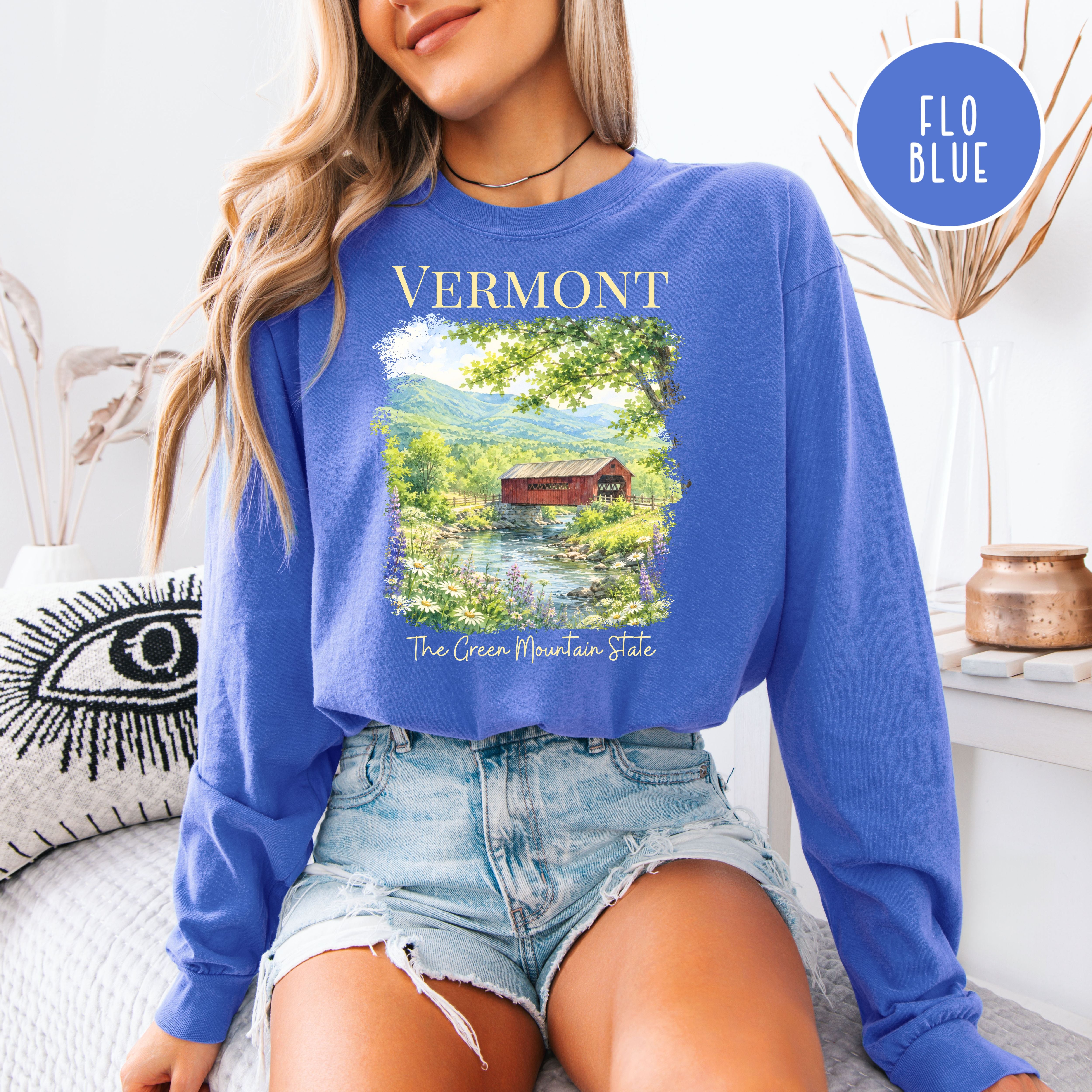 Vermont Long Sleeve Comfort Colors Vacation Gift Tee Shirt, Red Covered Bridge Vermont Shirt, Vermont Travel Gift, The Green Mountain State