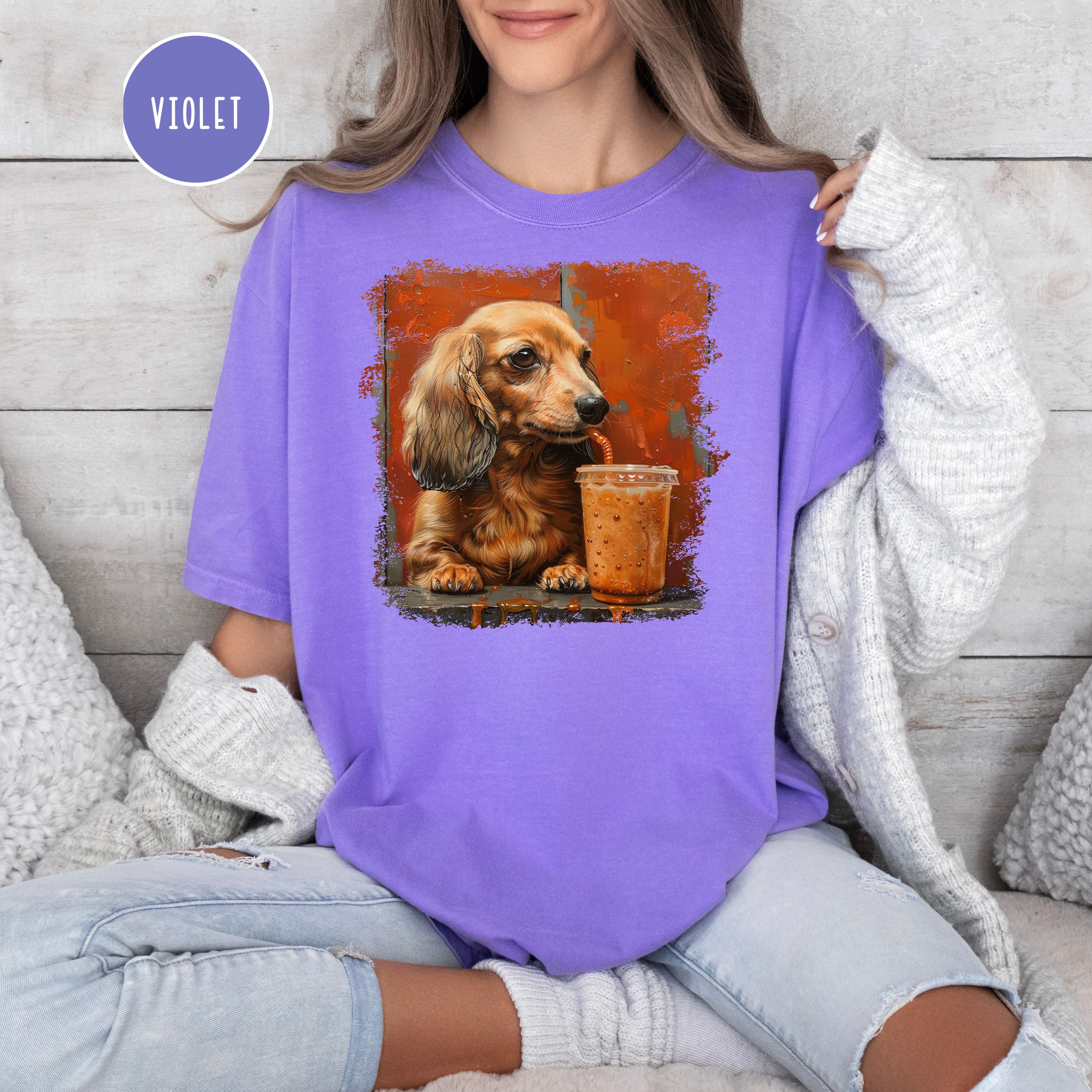 Dachshund Lover Comfort Colors T-Shirt, Doxie Mama Shirt, Dachshund Drinking Coffee, Dog Lover Art, Wiener Dog Shirt, Sausage Dog Gift