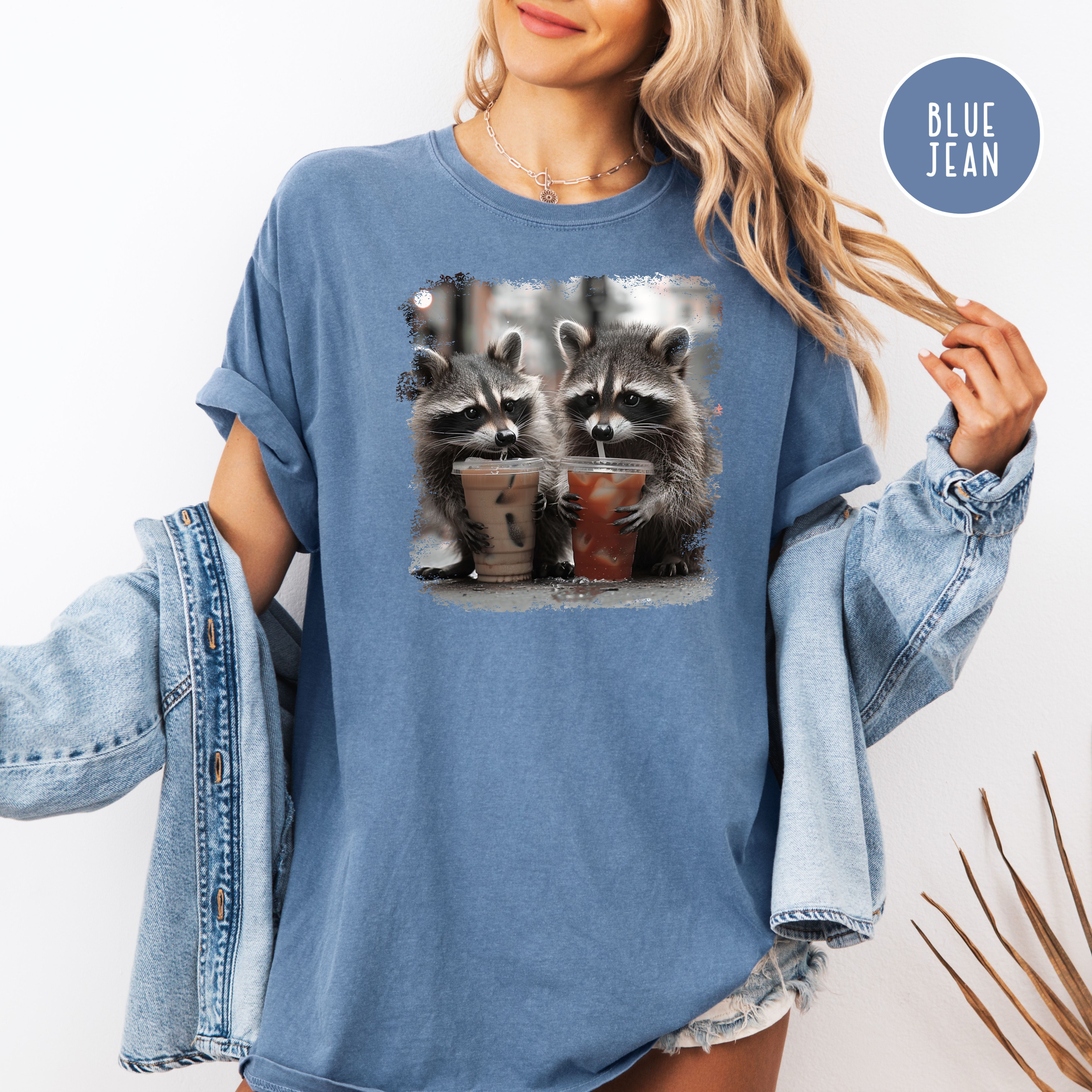 Cute Raccoons Drinking Iced Coffee and Iced Tea Comfort Colors Raccoon Lover T-Shirt, Funny Animal Meme Shirt, Coffee Lover Shirt