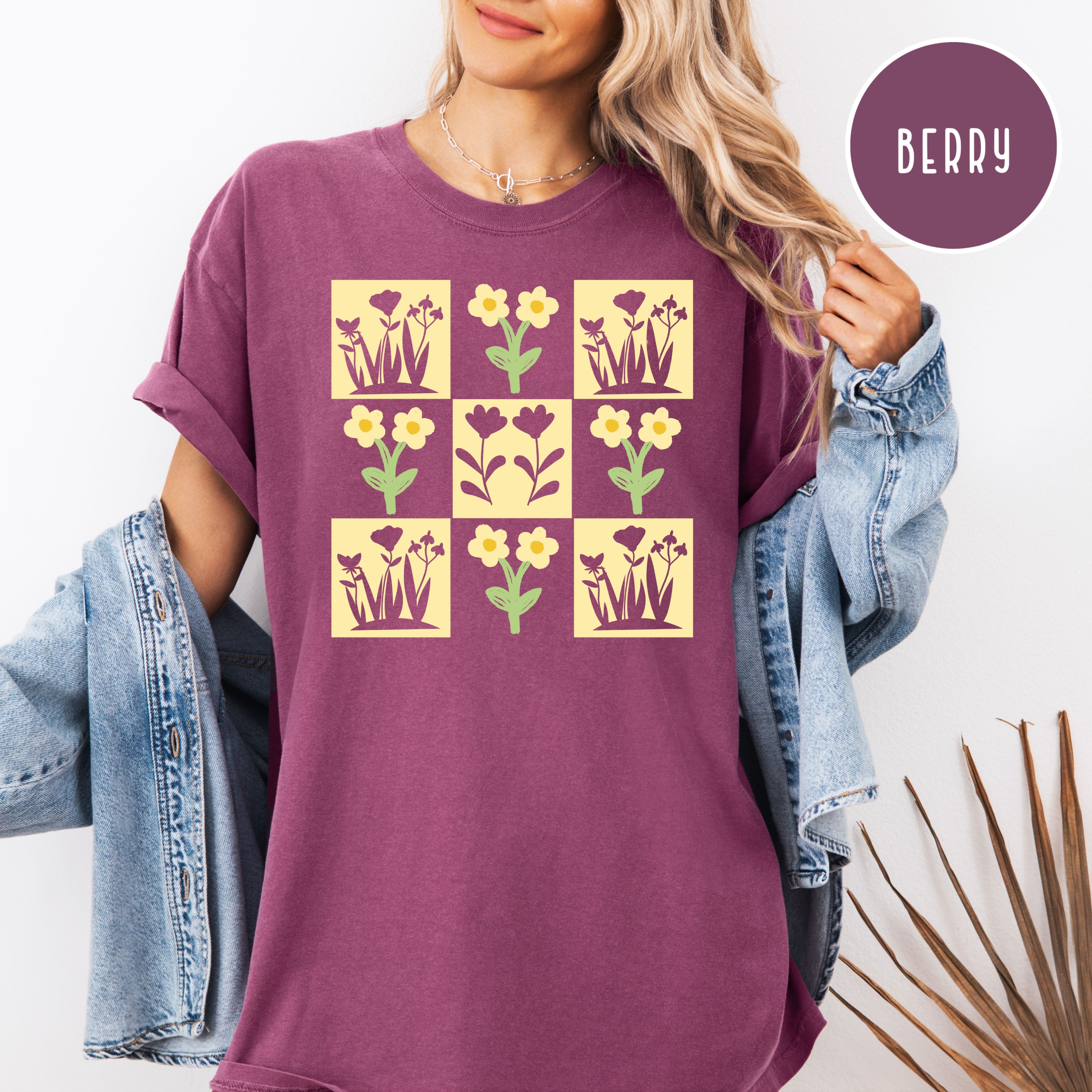 Flower Lover Gift Shirt, Flower Checkerboard Grid Comfort Colors Gift for Garden Lover