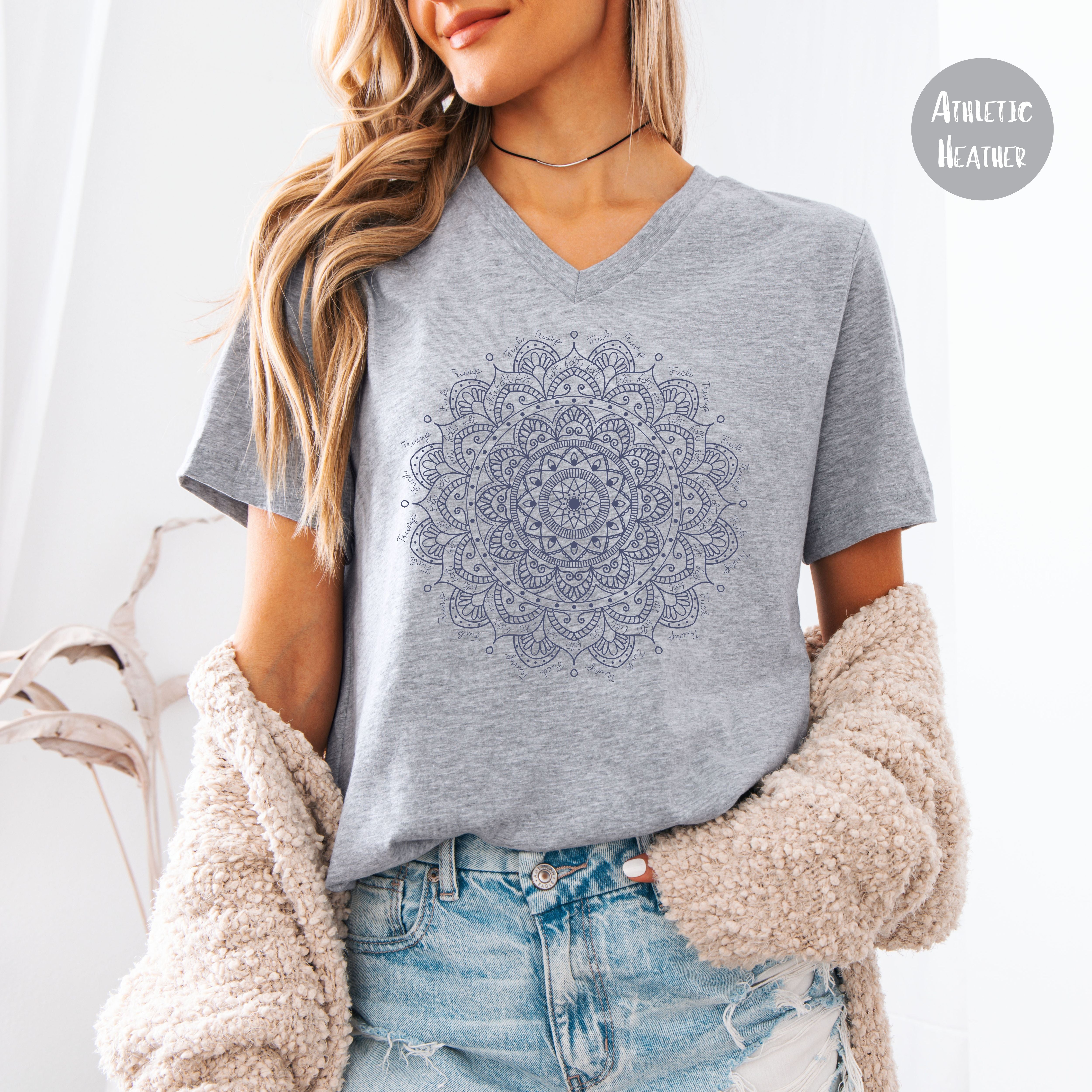 Subtle Fuck Trump and FDT Interlaced Into Intricate Mandala Design Ladies V-Neck Tee