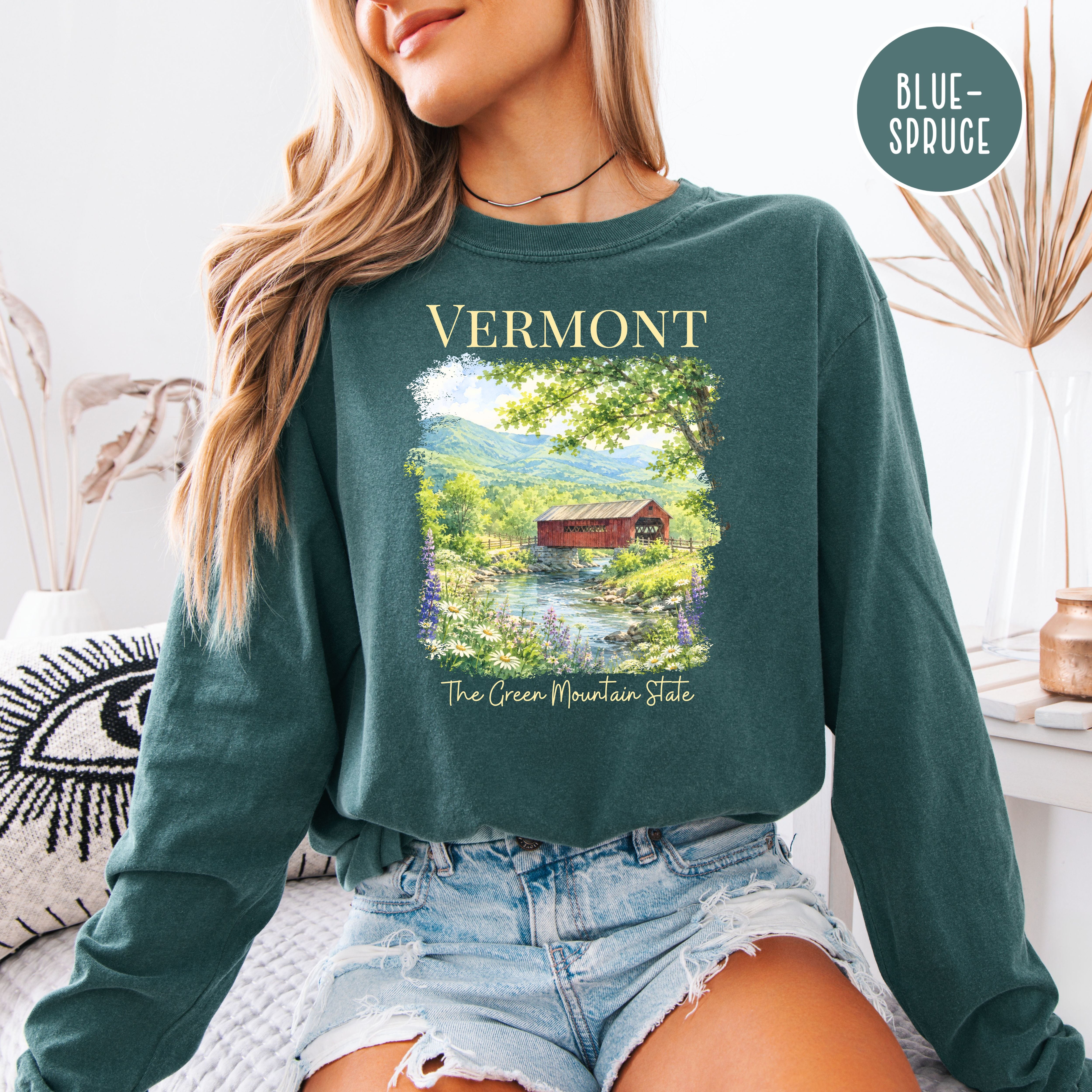 Vermont Long Sleeve Comfort Colors Vacation Gift Tee Shirt, Red Covered Bridge Vermont Shirt, Vermont Travel Gift, The Green Mountain State