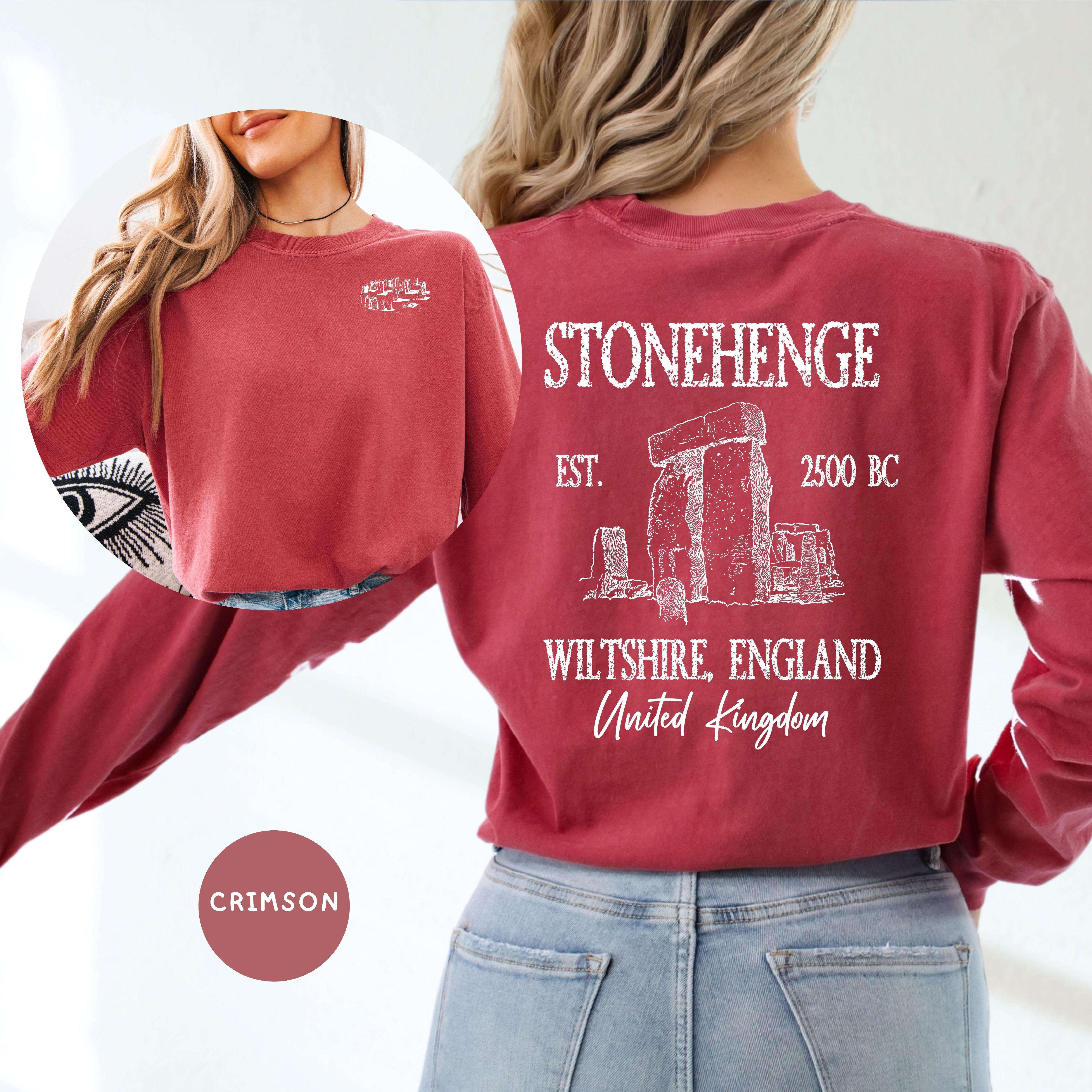Stonehenge England Grunge Comfort Colors Long Sleeve Tee Design Front & Back