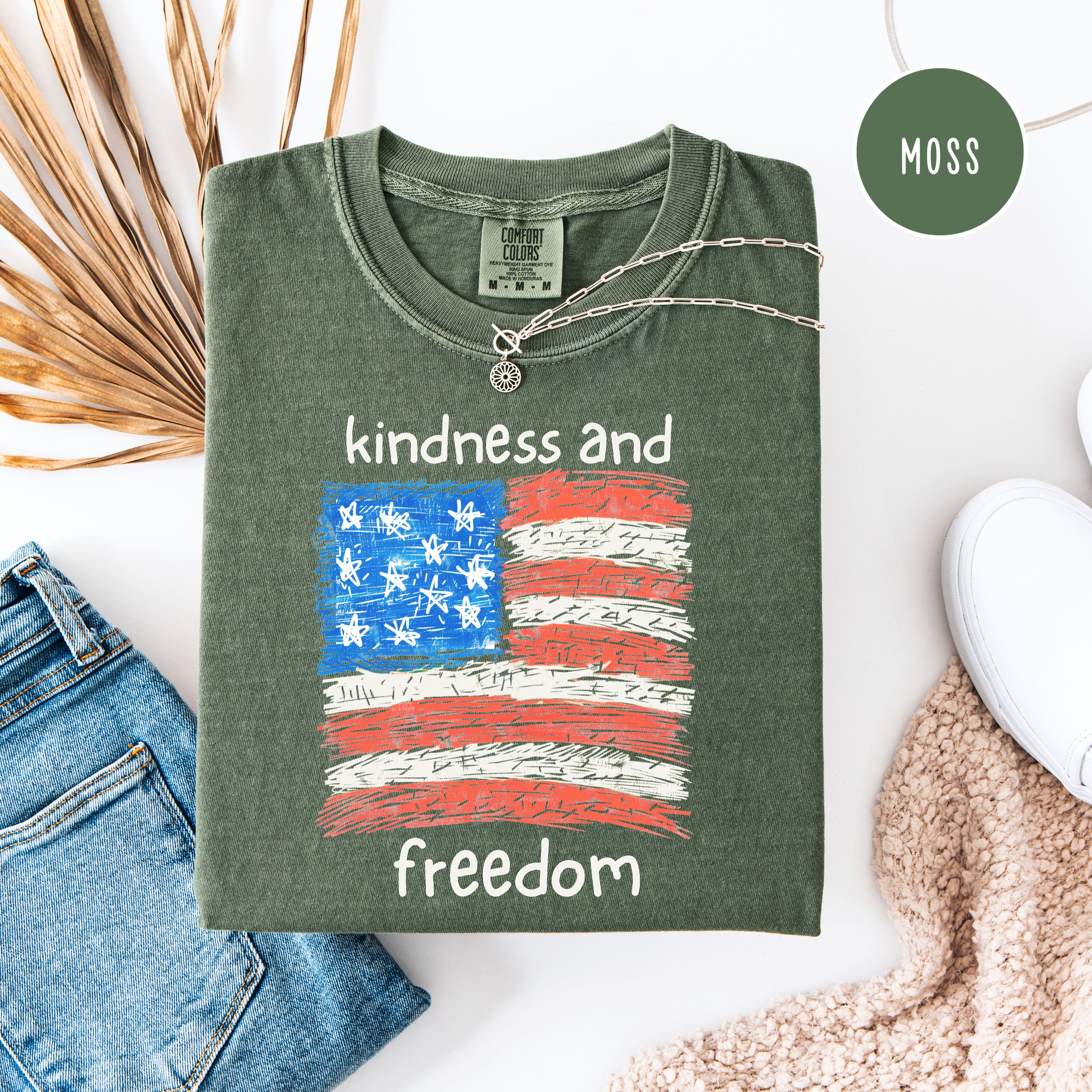 Freedom and Kindness 4th of July Shirt, USA Flag Drawing Comfort Colors T-Shirt, Fun Patriotic Shirt, Kindness Shirt, Be Kind Gift Shirt