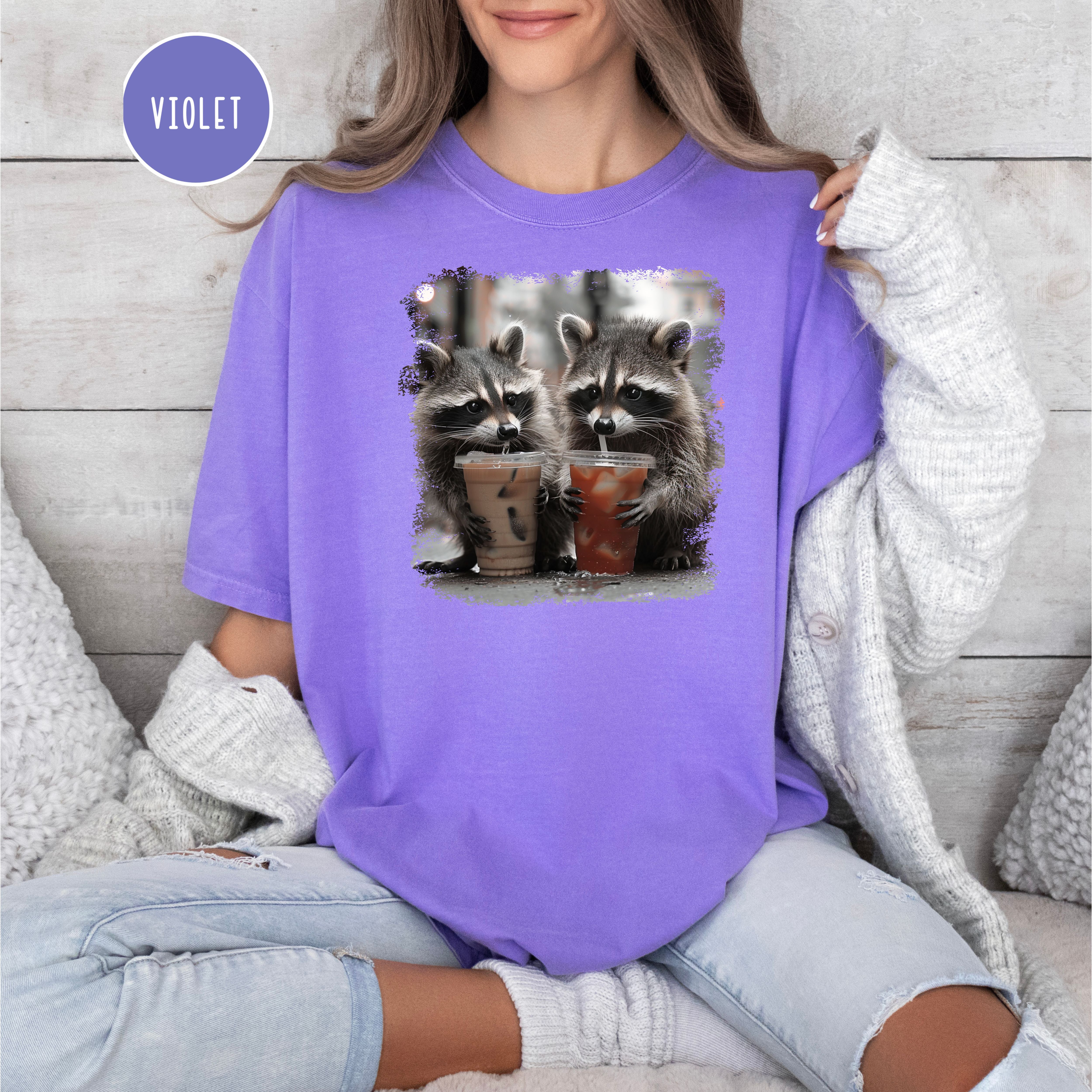 Cute Raccoons Drinking Iced Coffee and Iced Tea Comfort Colors Raccoon Lover T-Shirt, Funny Animal Meme Shirt, Coffee Lover Shirt