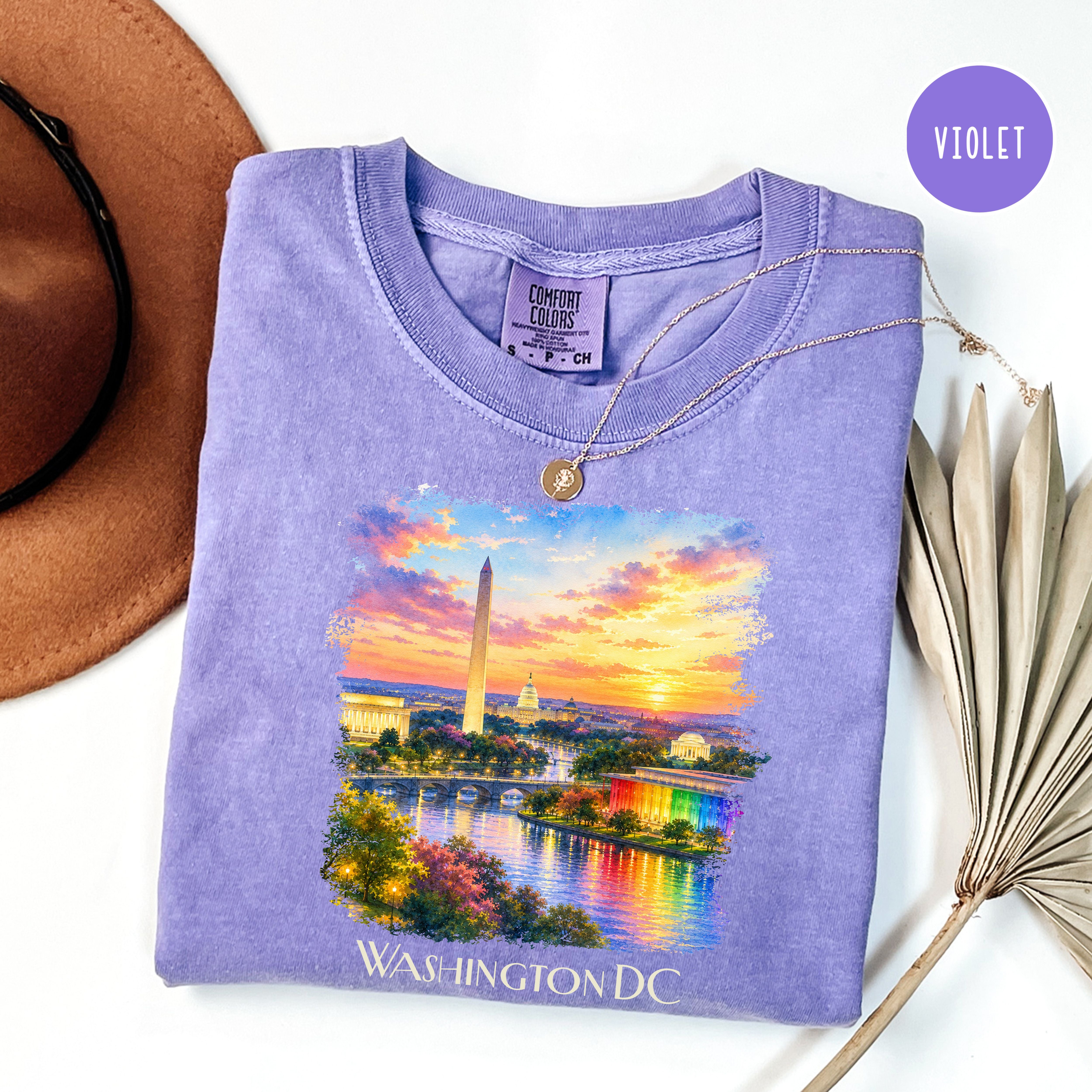 Washington DC at Sunset, Kennedy Center and Washington Monuments Unisex Comfort Colors T-Shirt, Kennedy Center for Pride Washington Travel