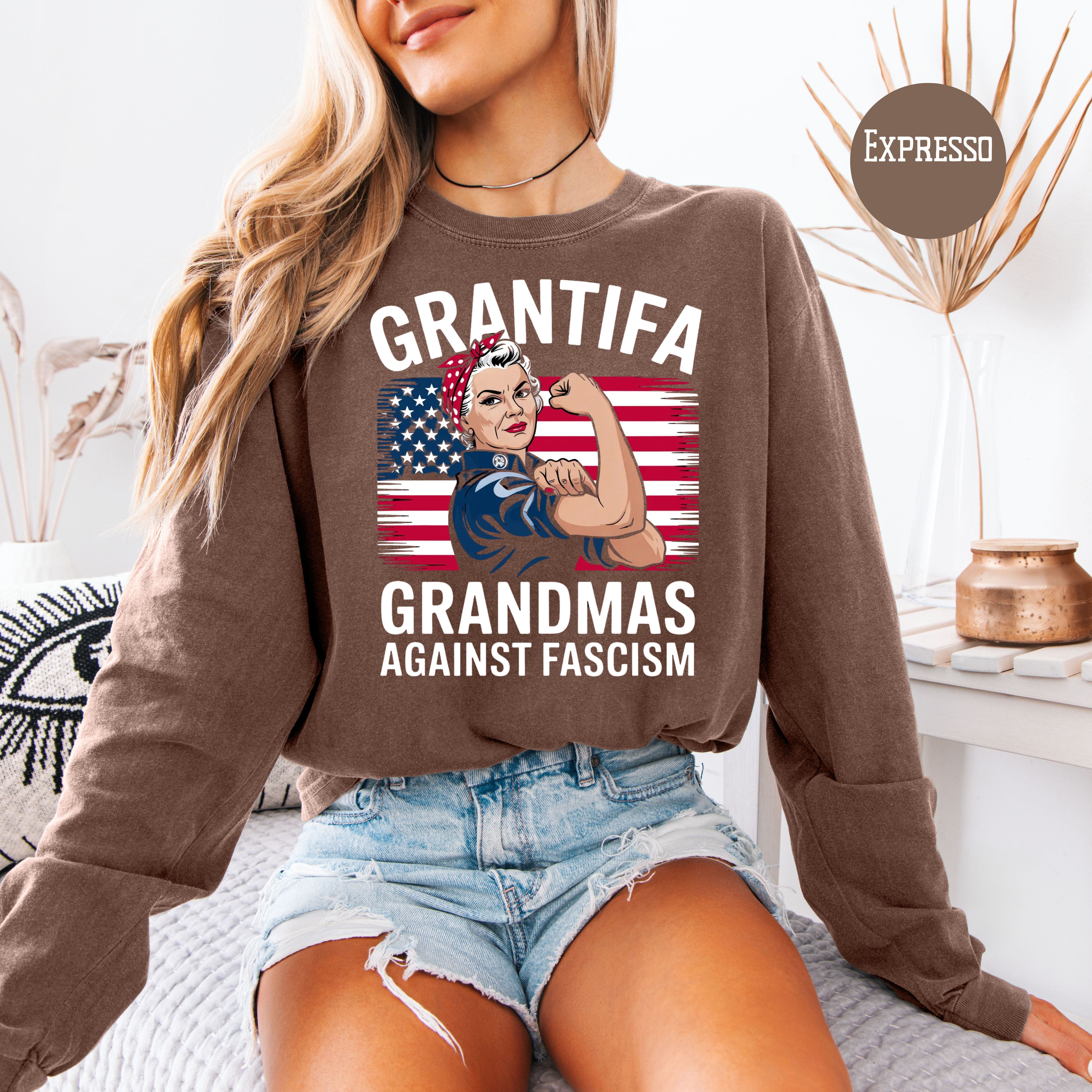Grantifa Long Sleeve Comfort Colors Rosie the Riveter Grandmas Against Fascism Tee