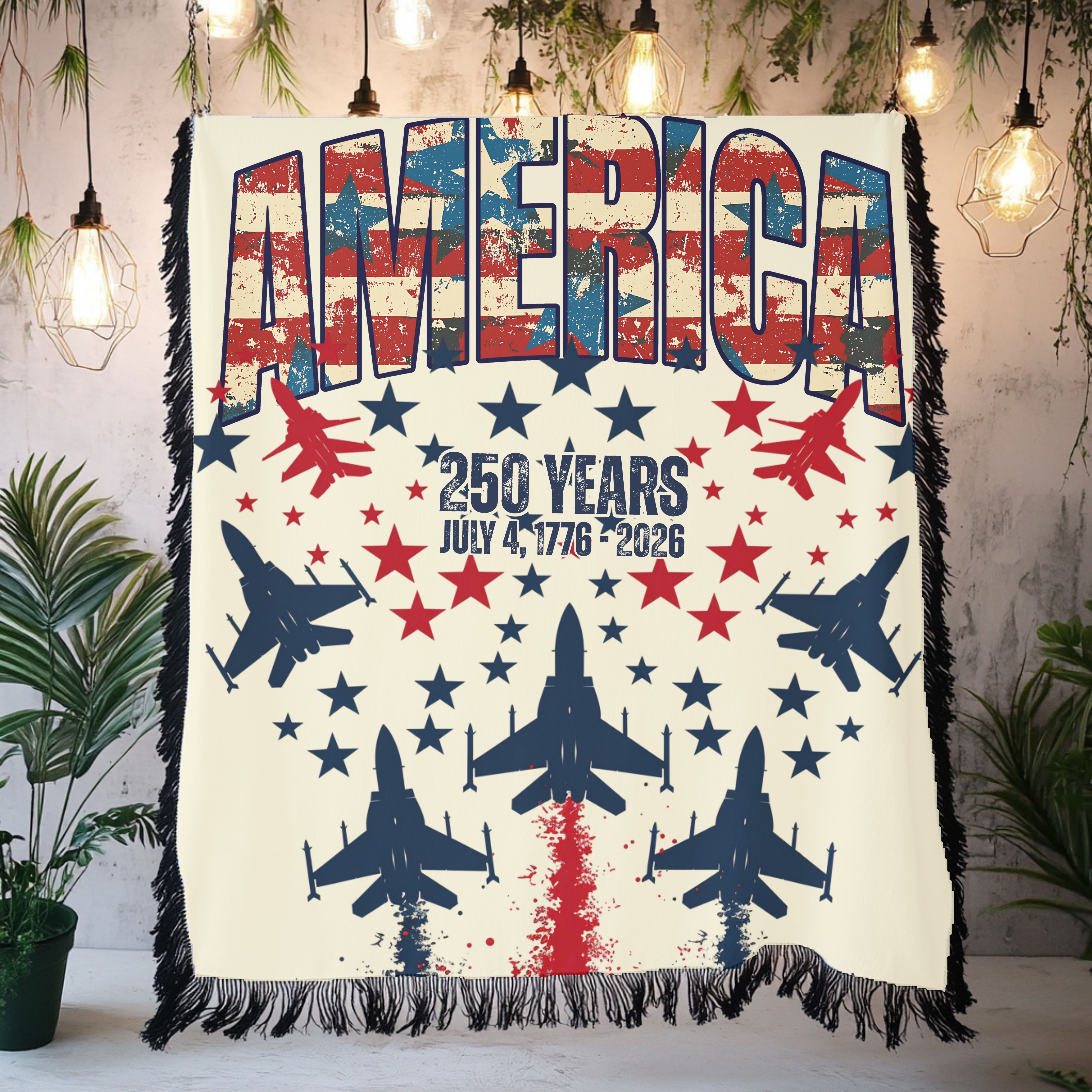 Patriotic American Woven Throw Blanket, America 250 Year Anniversary 4th of July Gift Souvenir