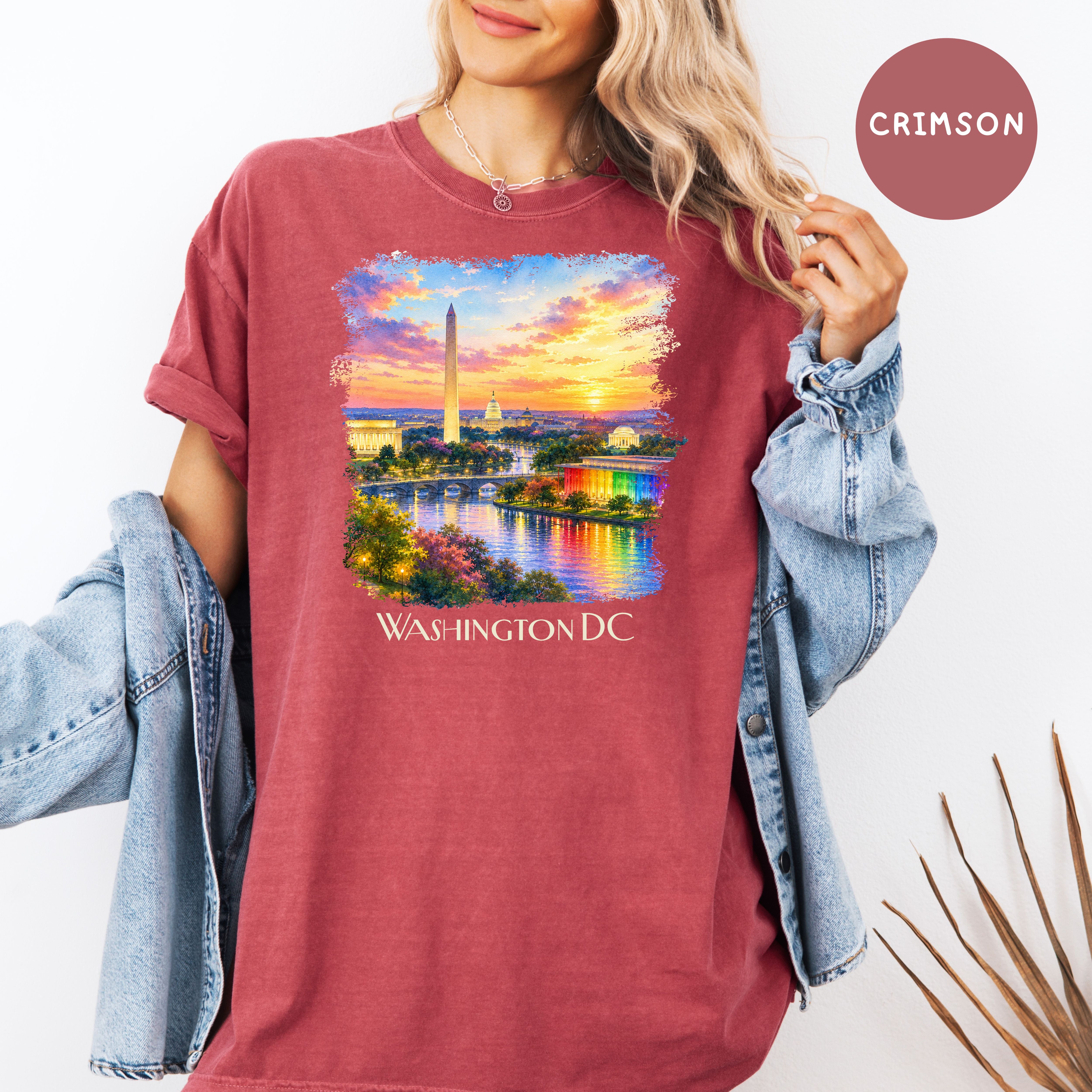 Washington DC at Sunset, Kennedy Center and Washington Monuments Unisex Comfort Colors T-Shirt, Kennedy Center for Pride Washington Travel