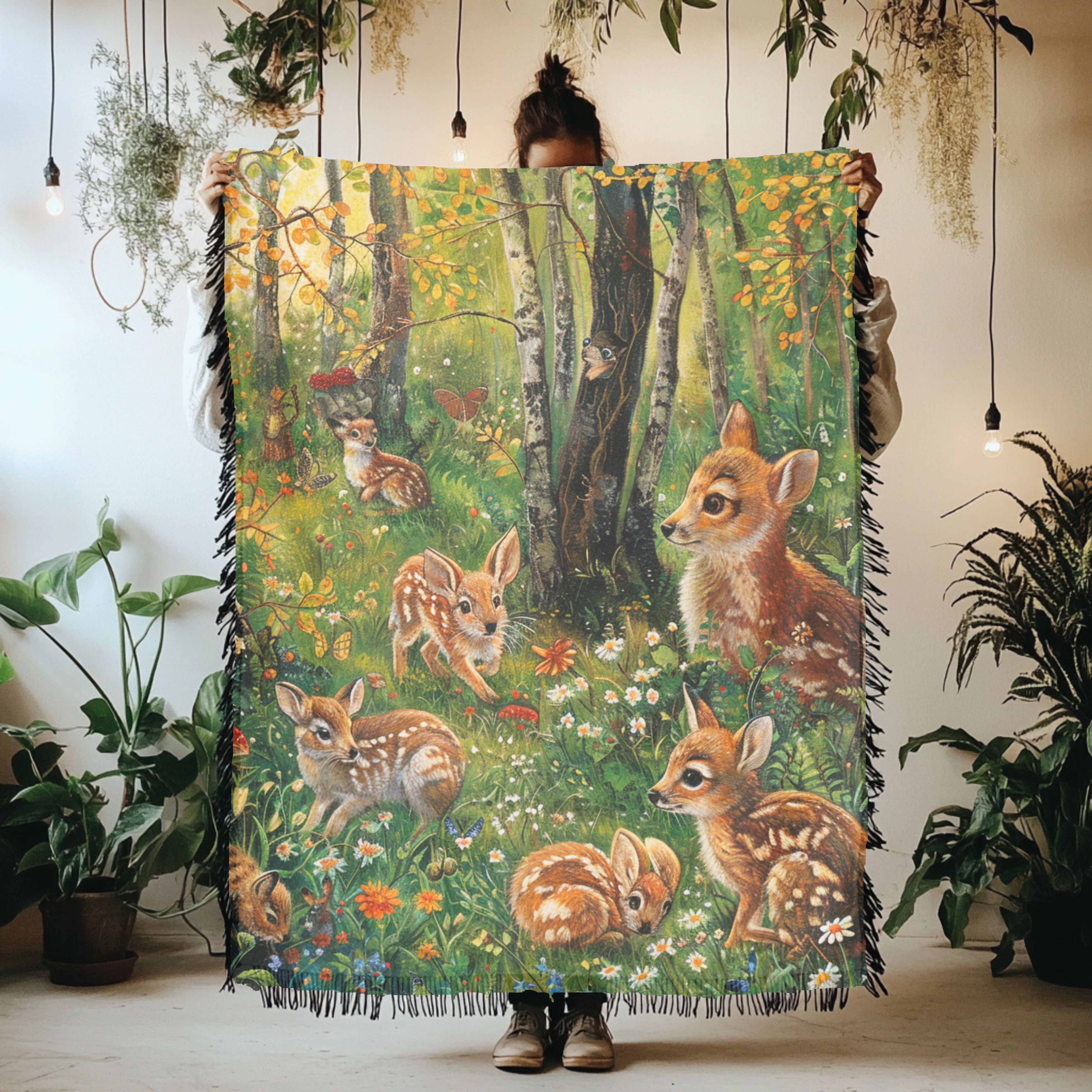 Fawns Playing in the Woods Woven Throw Blanket