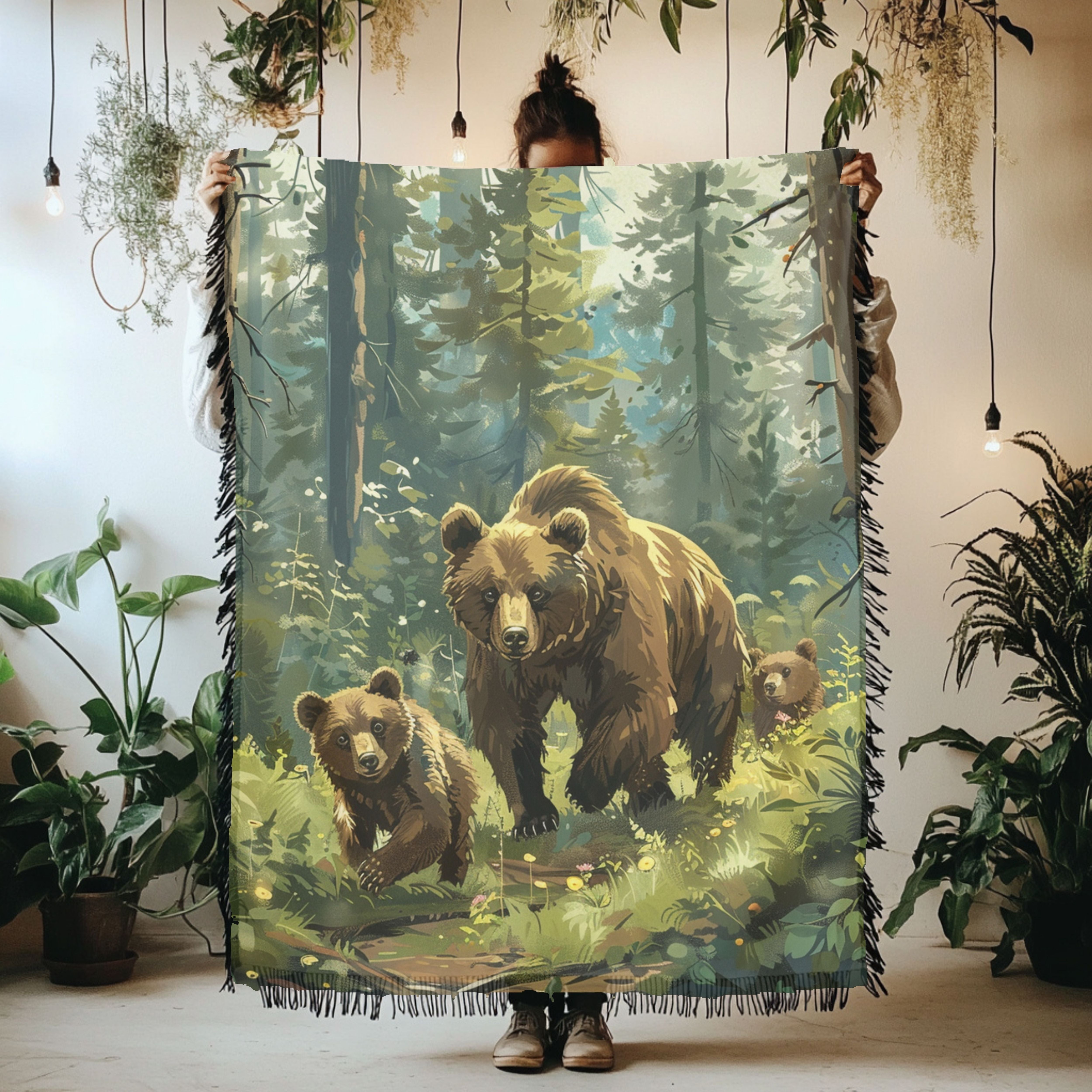 Mama Bear With Cubs In The Forest Woven Throw Blanket