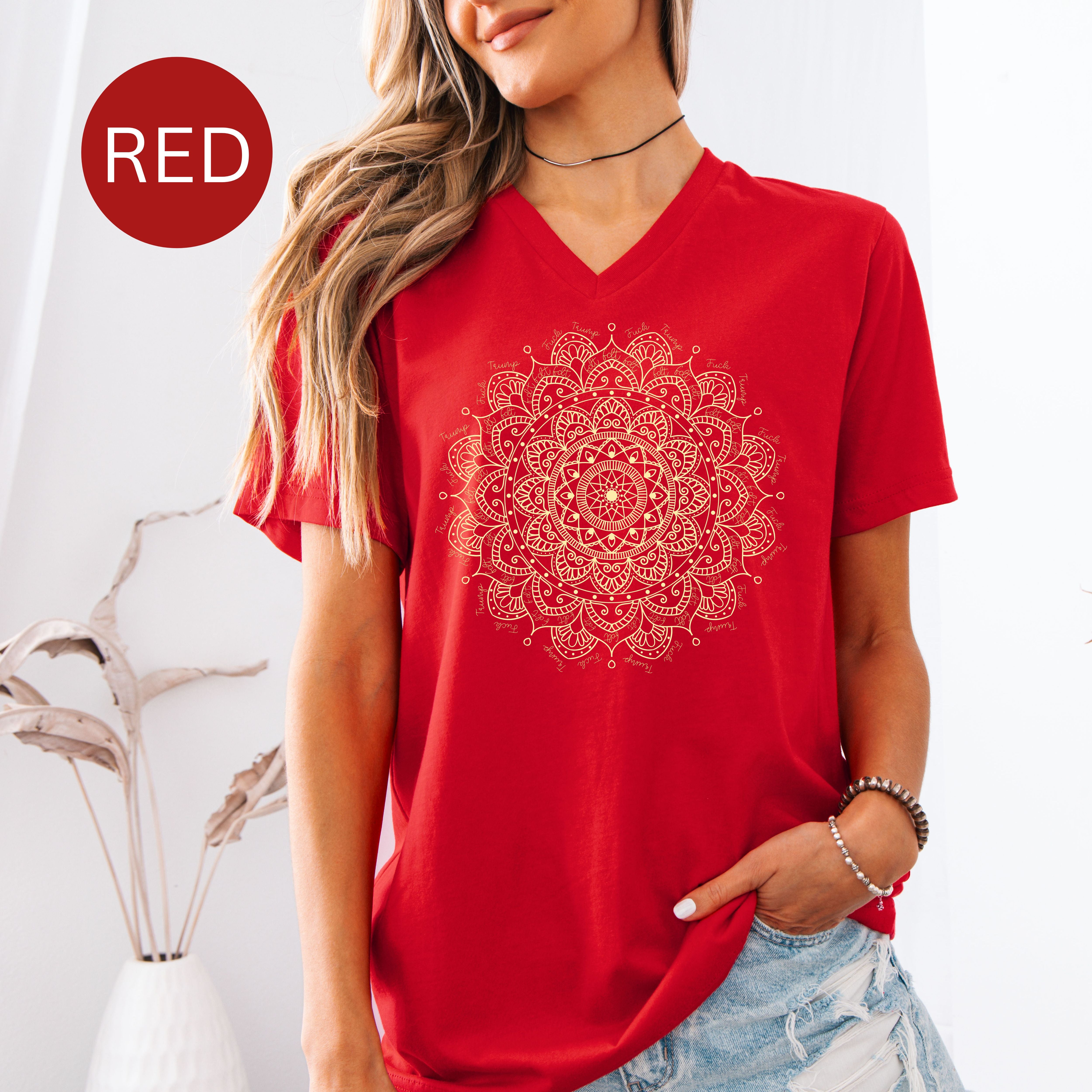 Subtle Fuck Trump and FDT Interlaced Into Intricate Mandala Design Ladies V-Neck Tee