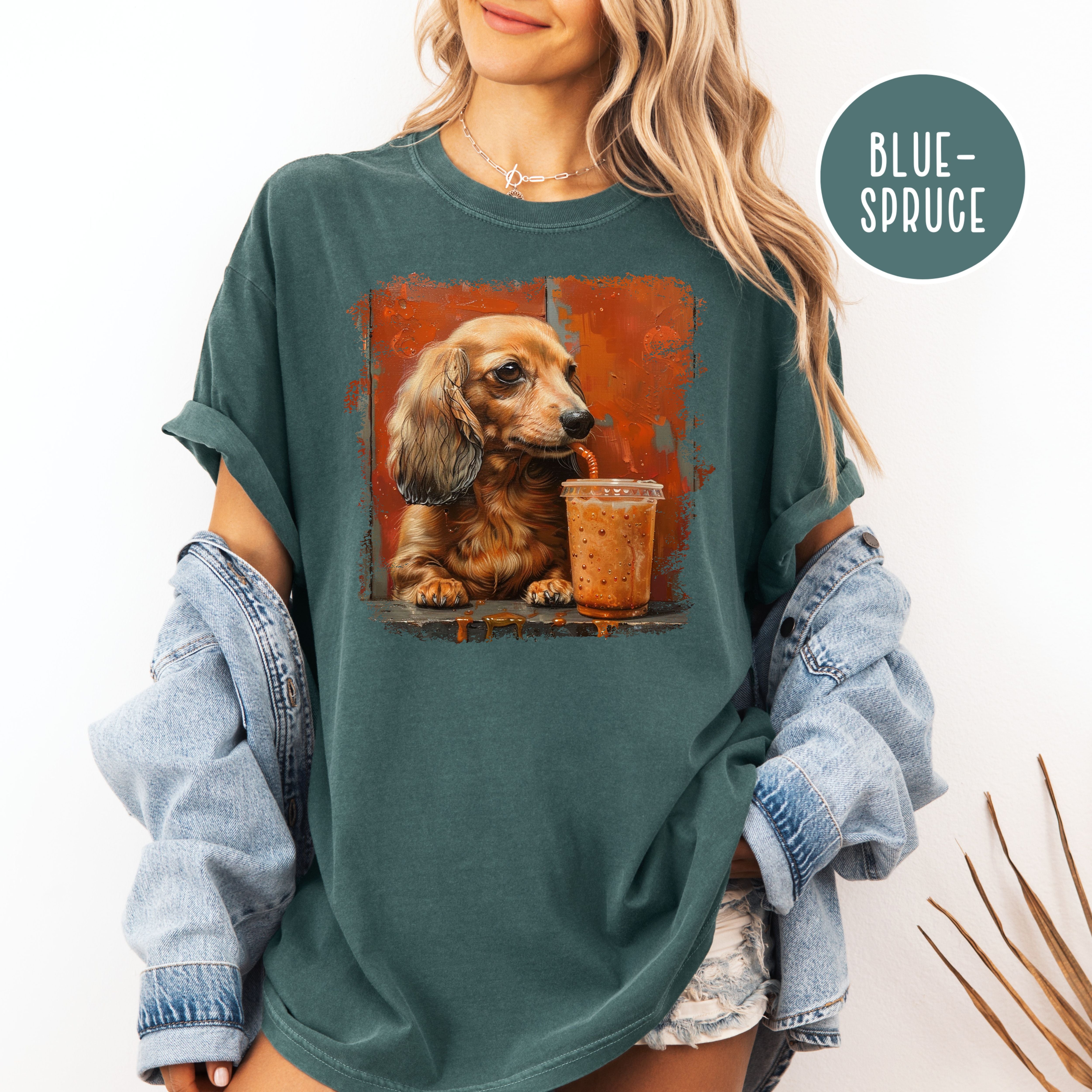 Dachshund Lover Comfort Colors T-Shirt, Doxie Mama Shirt, Dachshund Drinking Coffee, Dog Lover Art, Wiener Dog Shirt, Sausage Dog Gift