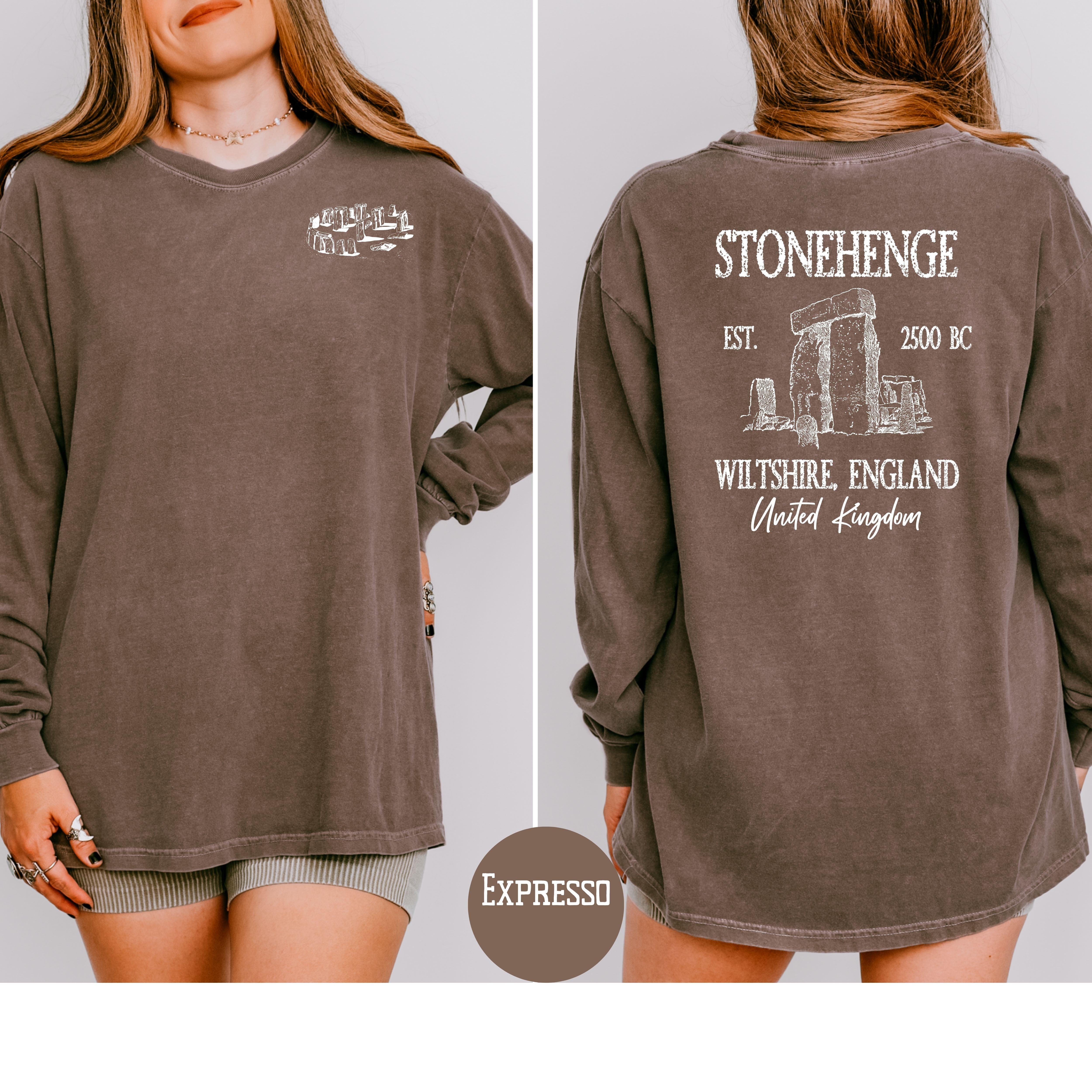 Stonehenge England Grunge Comfort Colors Long Sleeve Tee Design Front & Back