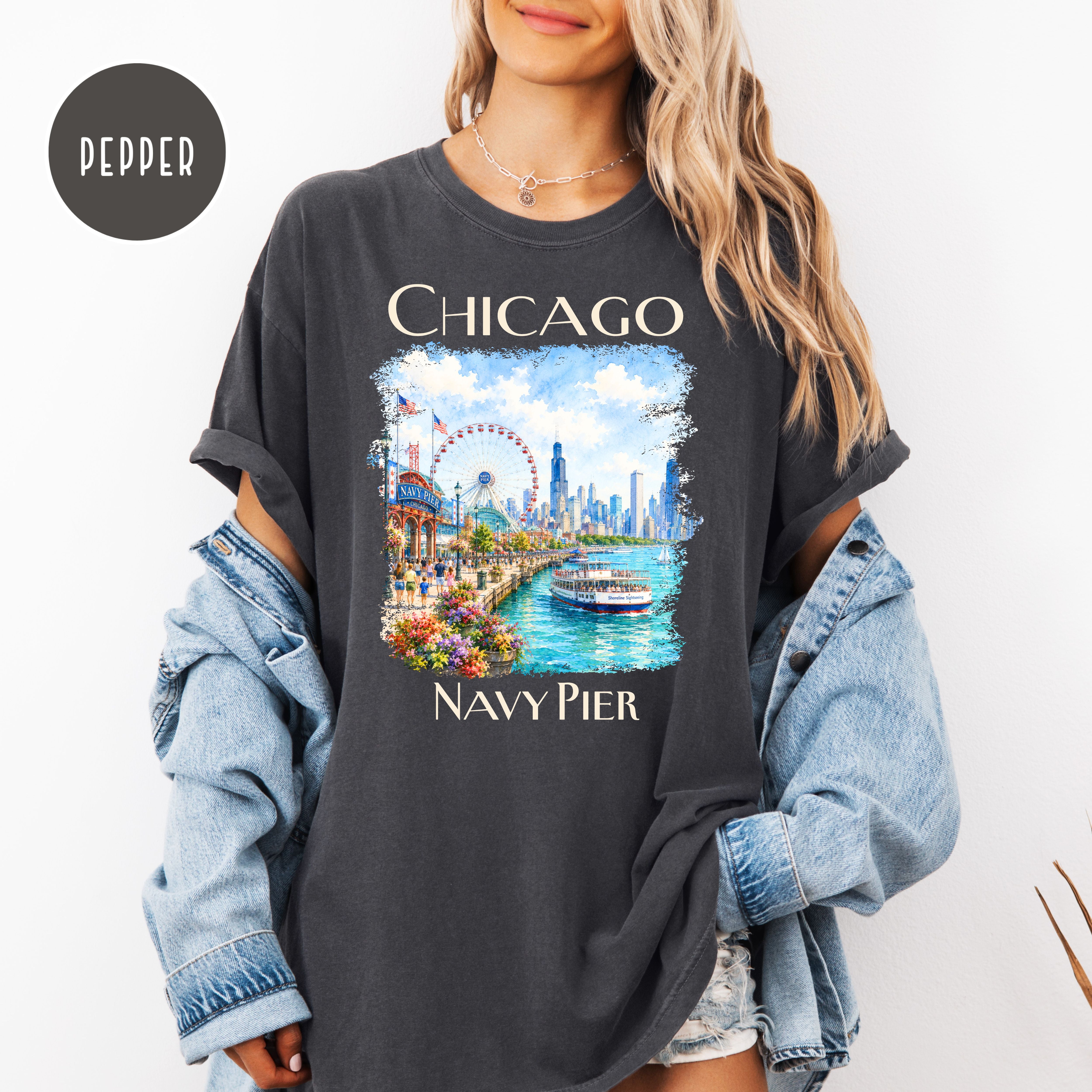 Chicago Navy Pier Unisex Comfort Colors Travel T-Shirt, Chicago Vacation Gift Shirt, Navy Pier Shirt, Traveler Gift, Chicago Lover Gift Tee