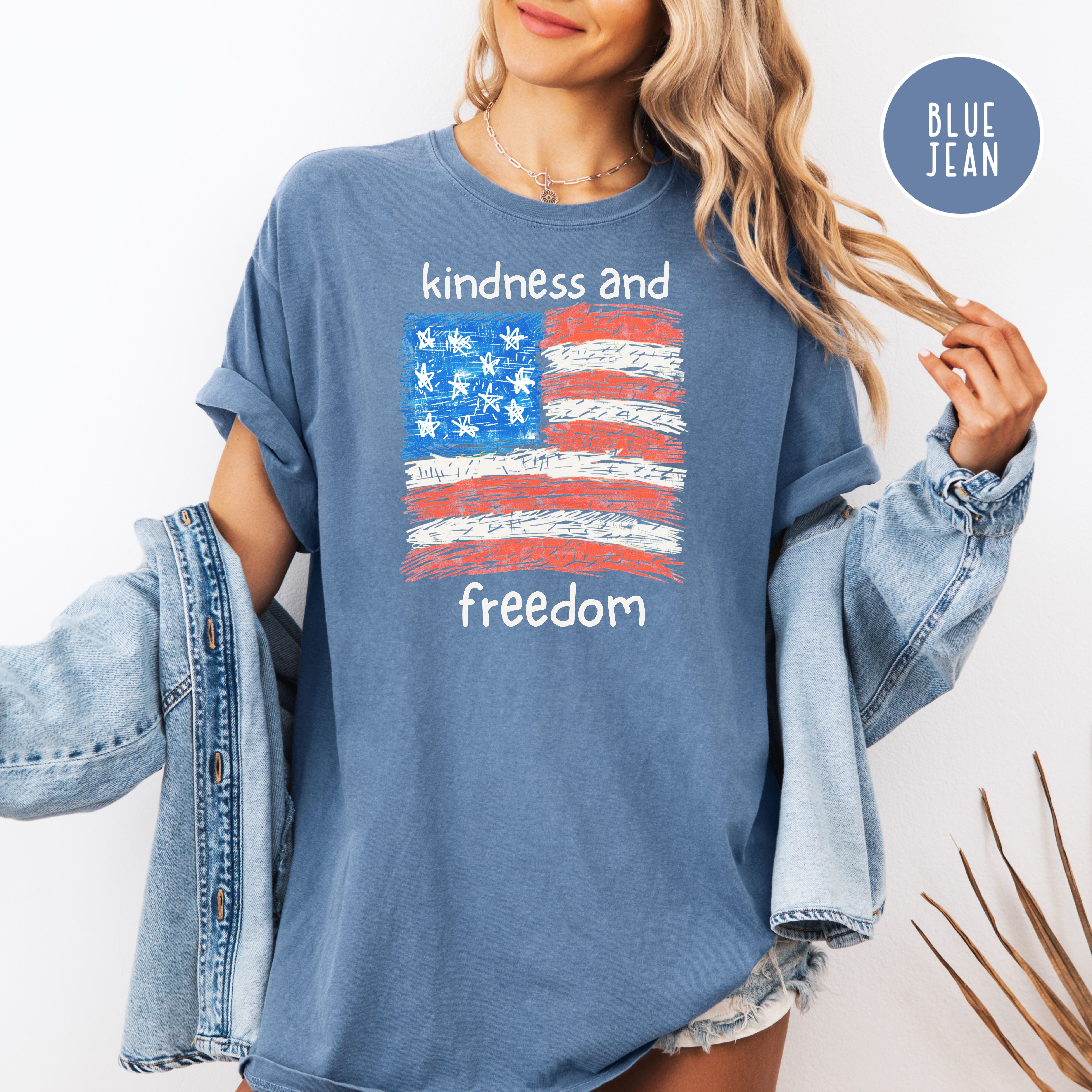 Freedom and Kindness 4th of July Shirt, USA Flag Drawing Comfort Colors T-Shirt, Fun Patriotic Shirt, Kindness Shirt, Be Kind Gift Shirt