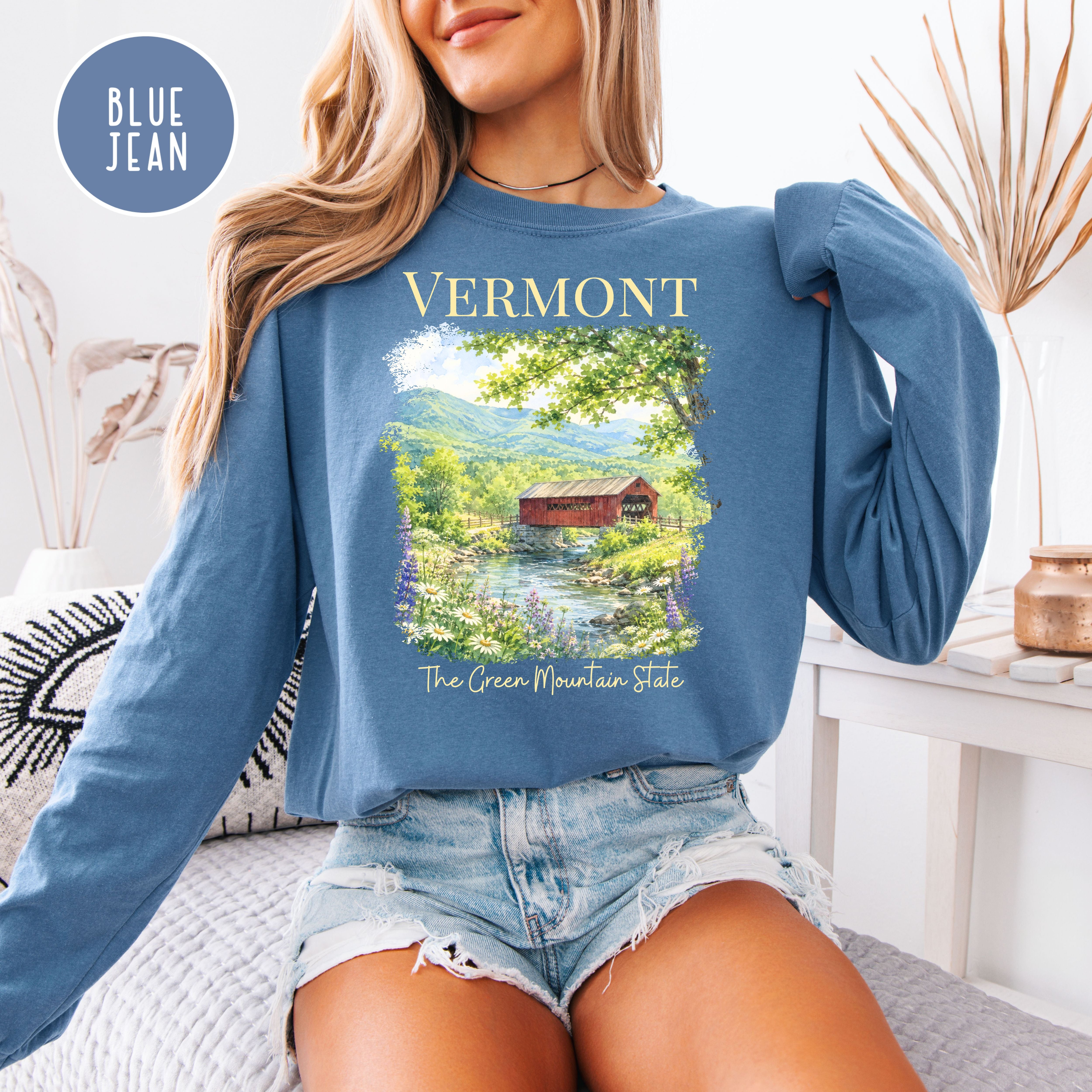 Vermont Long Sleeve Comfort Colors Vacation Gift Tee Shirt, Red Covered Bridge Vermont Shirt, Vermont Travel Gift, The Green Mountain State