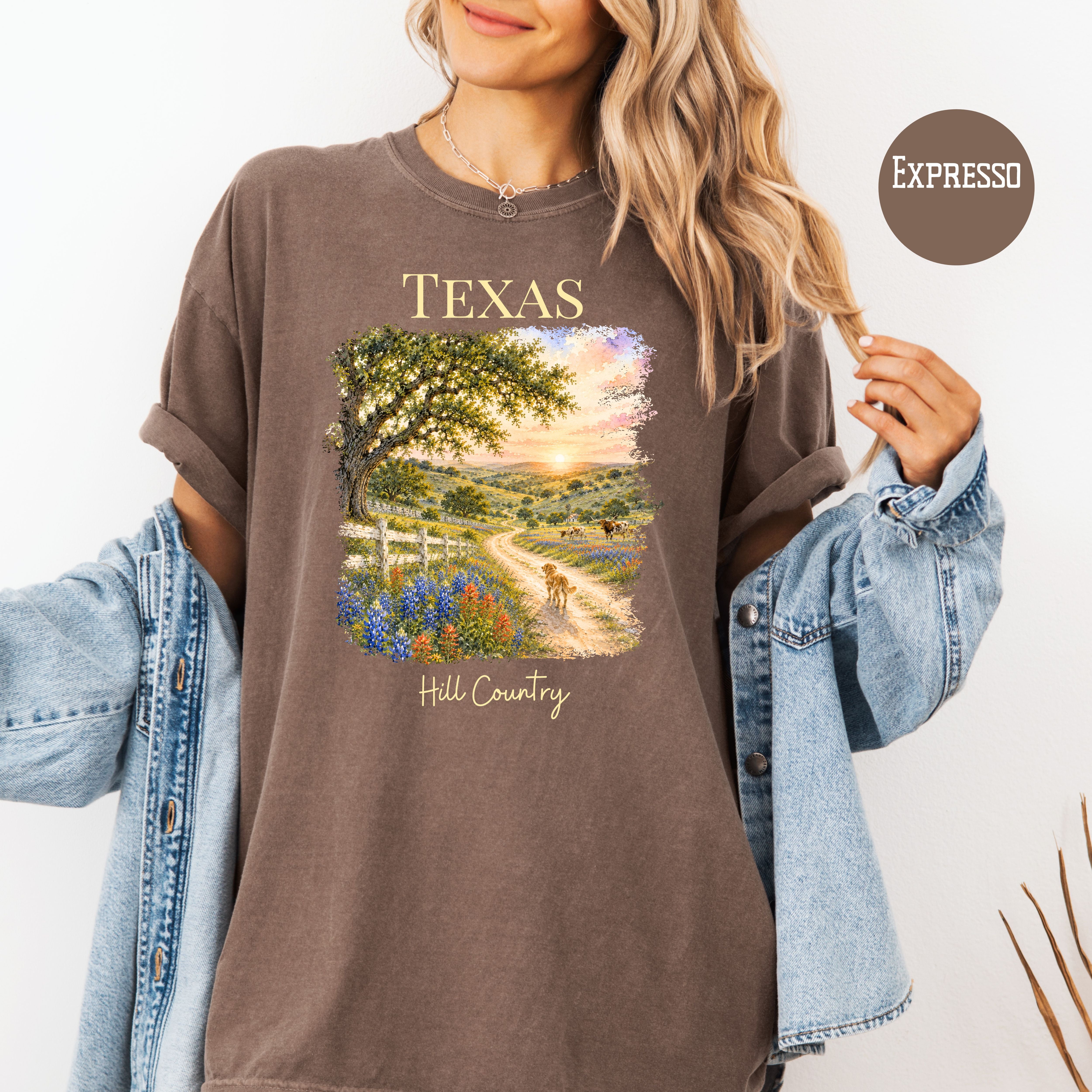 Texas Hill Country Comfort Colors T-Shirt, Texas Vacation Gift Shirt, Texas Travel Shirt, Texas Gift Shirt, Texas Blue Bonnets, Traveler Tee