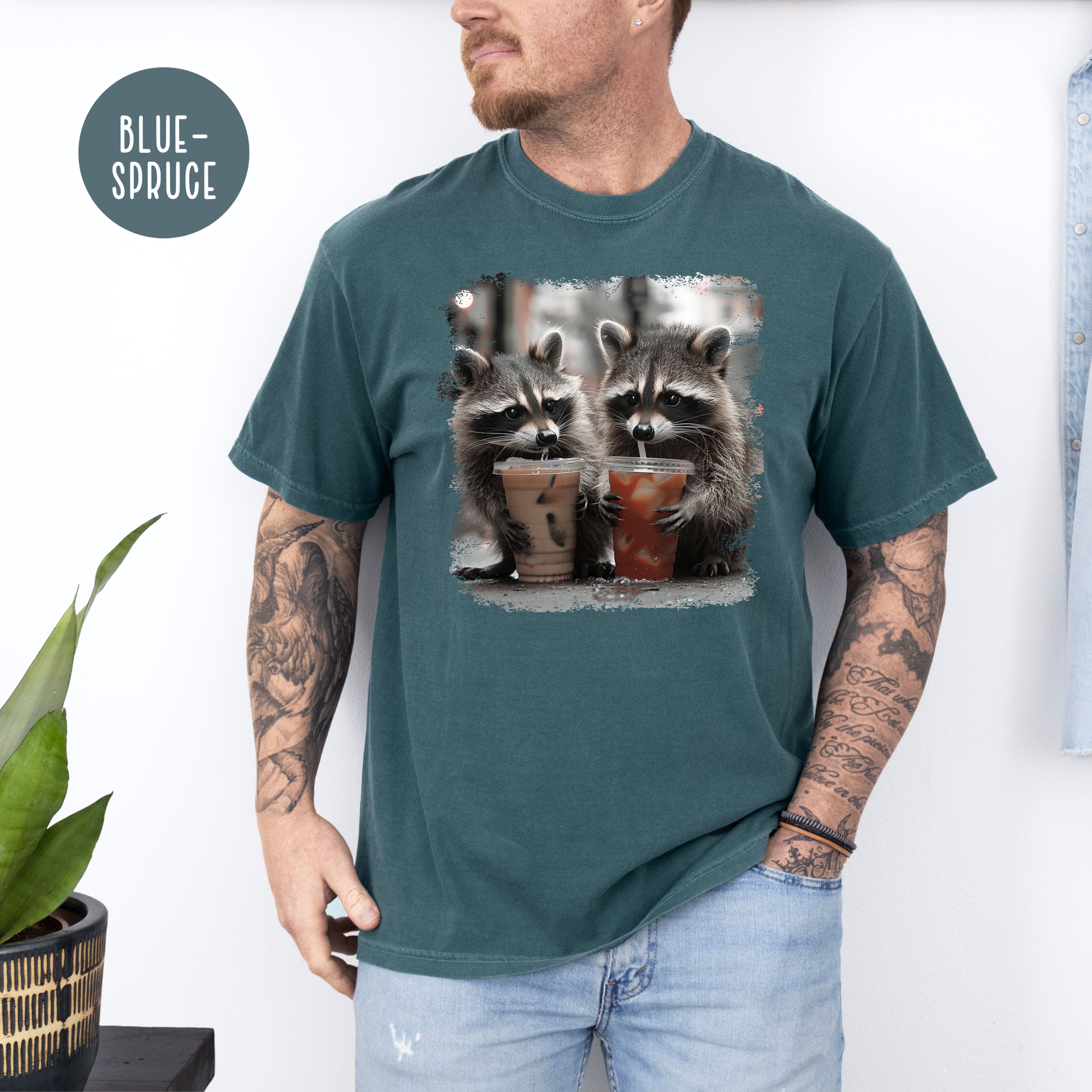 Cute Raccoons Drinking Iced Coffee and Iced Tea Comfort Colors Raccoon Lover T-Shirt, Funny Animal Meme Shirt, Coffee Lover Shirt