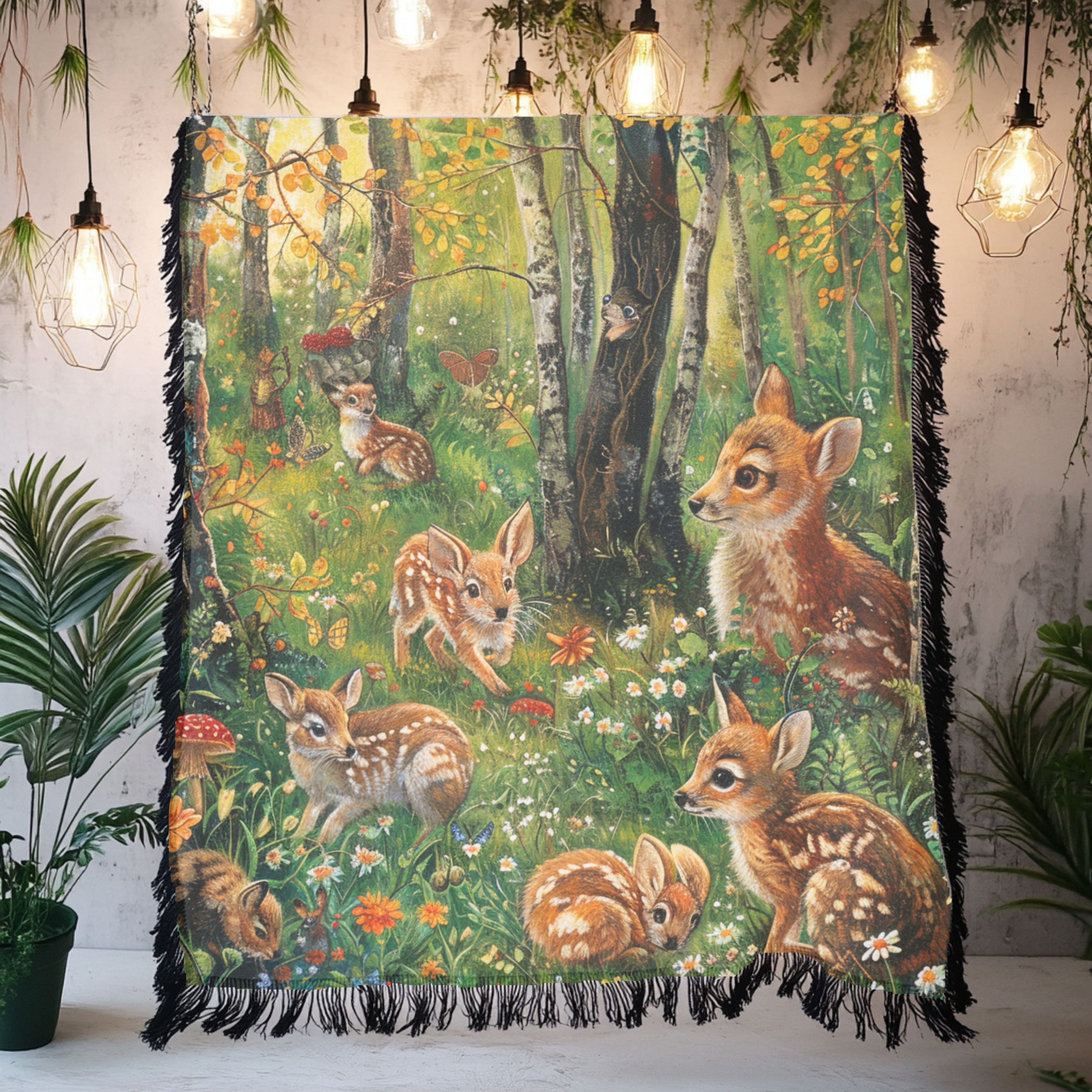 Fawns Playing in the Woods Woven Throw Blanket