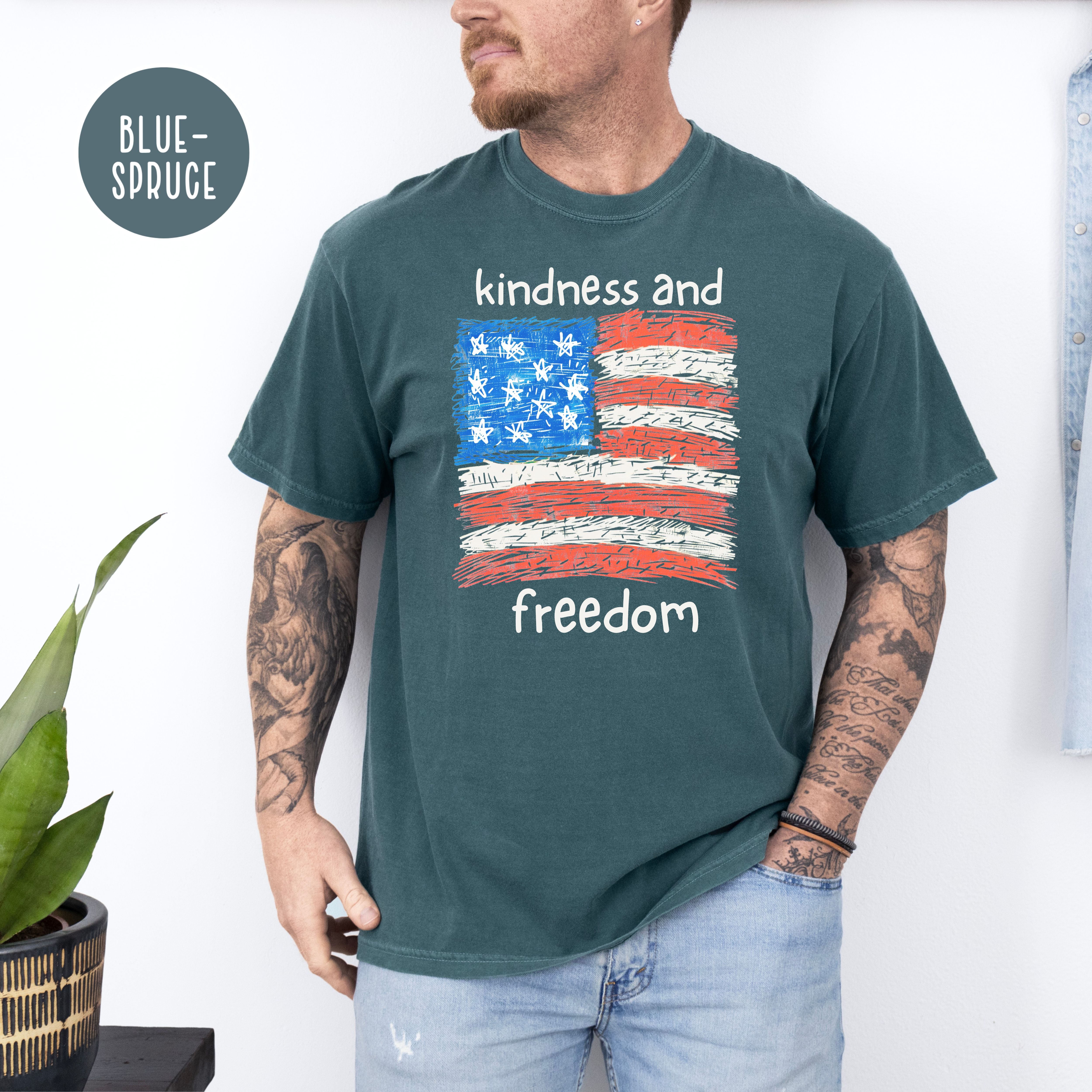 Freedom and Kindness 4th of July Shirt, USA Flag Drawing Comfort Colors T-Shirt, Fun Patriotic Shirt, Kindness Shirt, Be Kind Gift Shirt