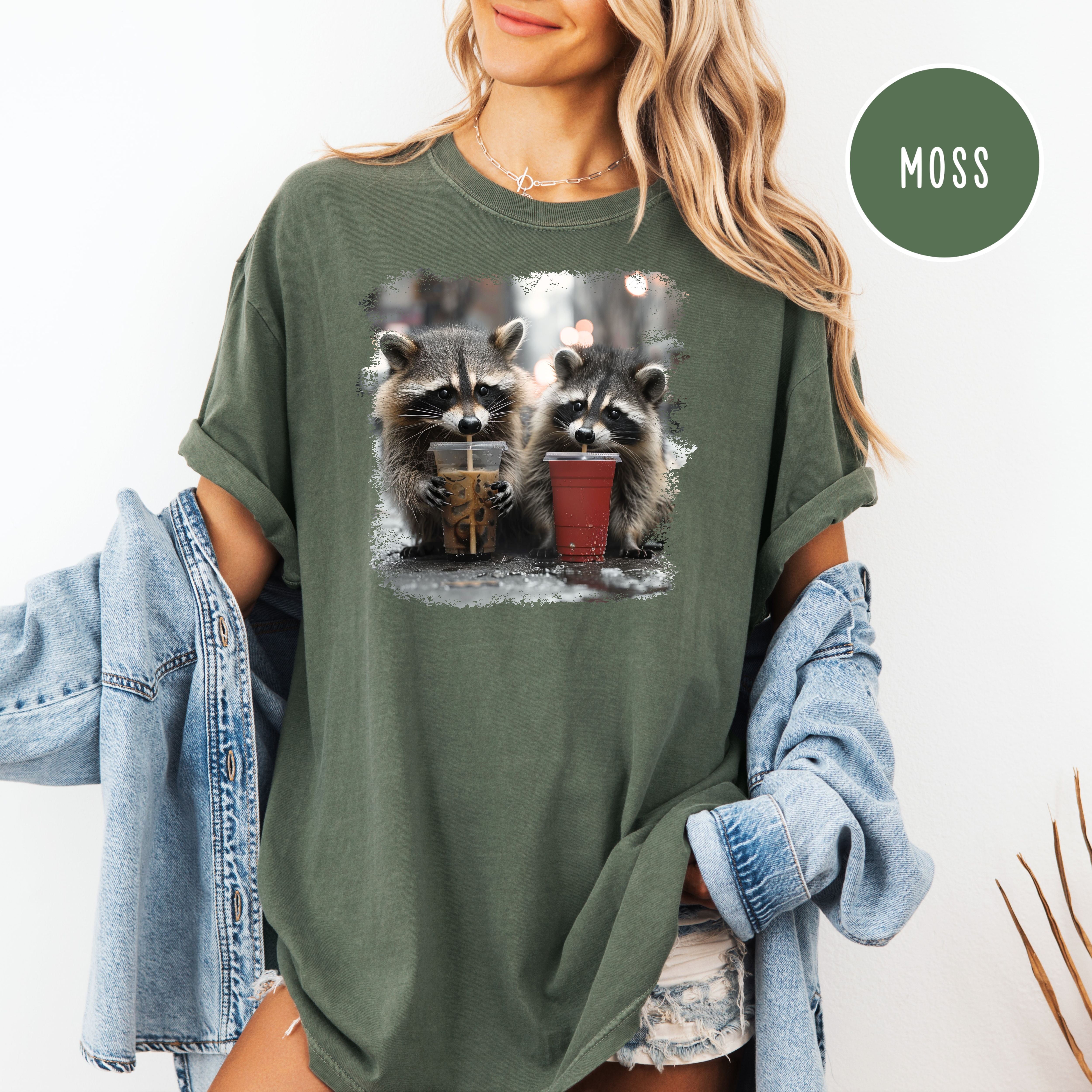 Cute Raccoons Iced Coffee in Solo Cup, Raccoon Lover Comfort Colors T-Shirt, Animal Meme Shirt, Funny Raccoon Shirt, Coffee Drinker Shirt