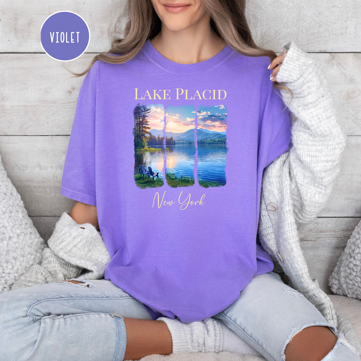 Lake Placid Sunset Over Mountains Comfort Colors Tee Shirt